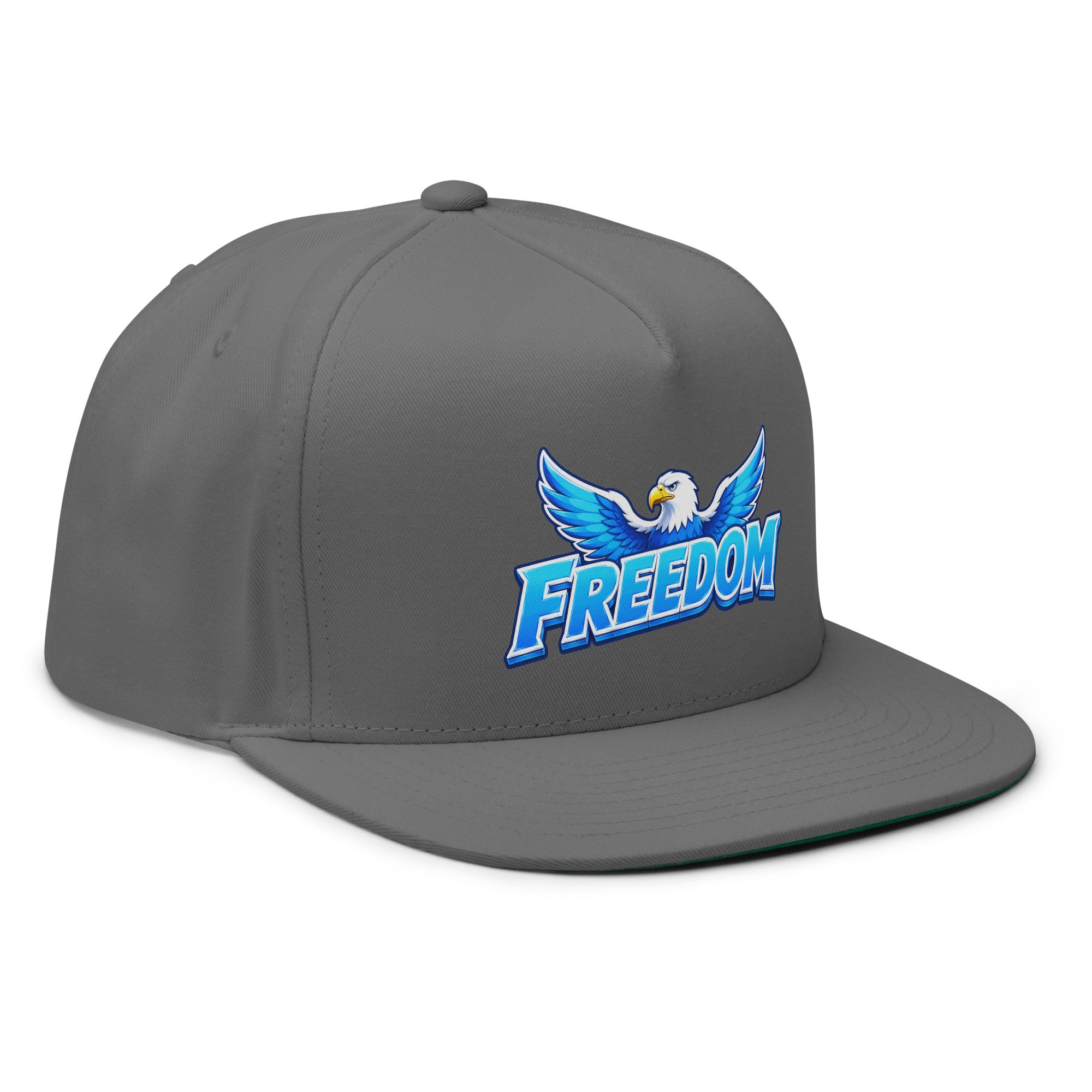 Flat Bill Cap - Majestic Soaring Eagle Freedom - Premium Electric Blue Sky Graphic Design by printfluence.net