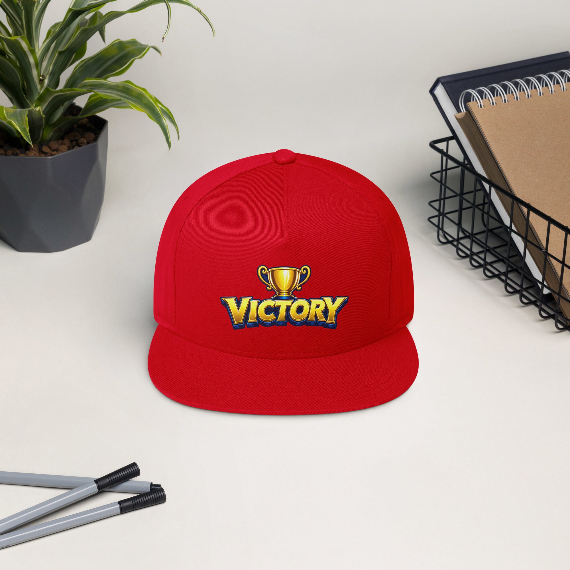 Flat Bill Cap - Golden Championship Trophy Victory - Premium Royal Success Graphic Design by printfluence.net