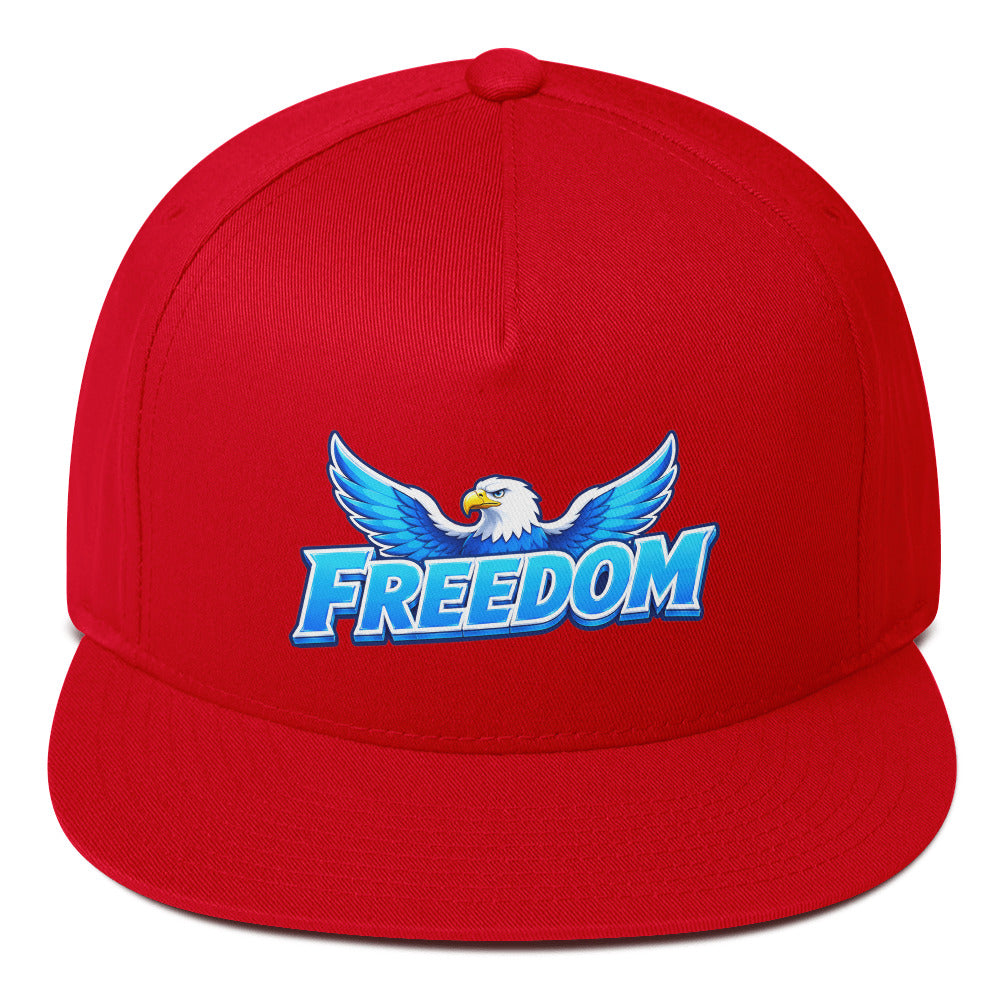 Flat Bill Cap - Majestic Soaring Eagle Freedom - Premium Electric Blue Sky Graphic Design by printfluence.net