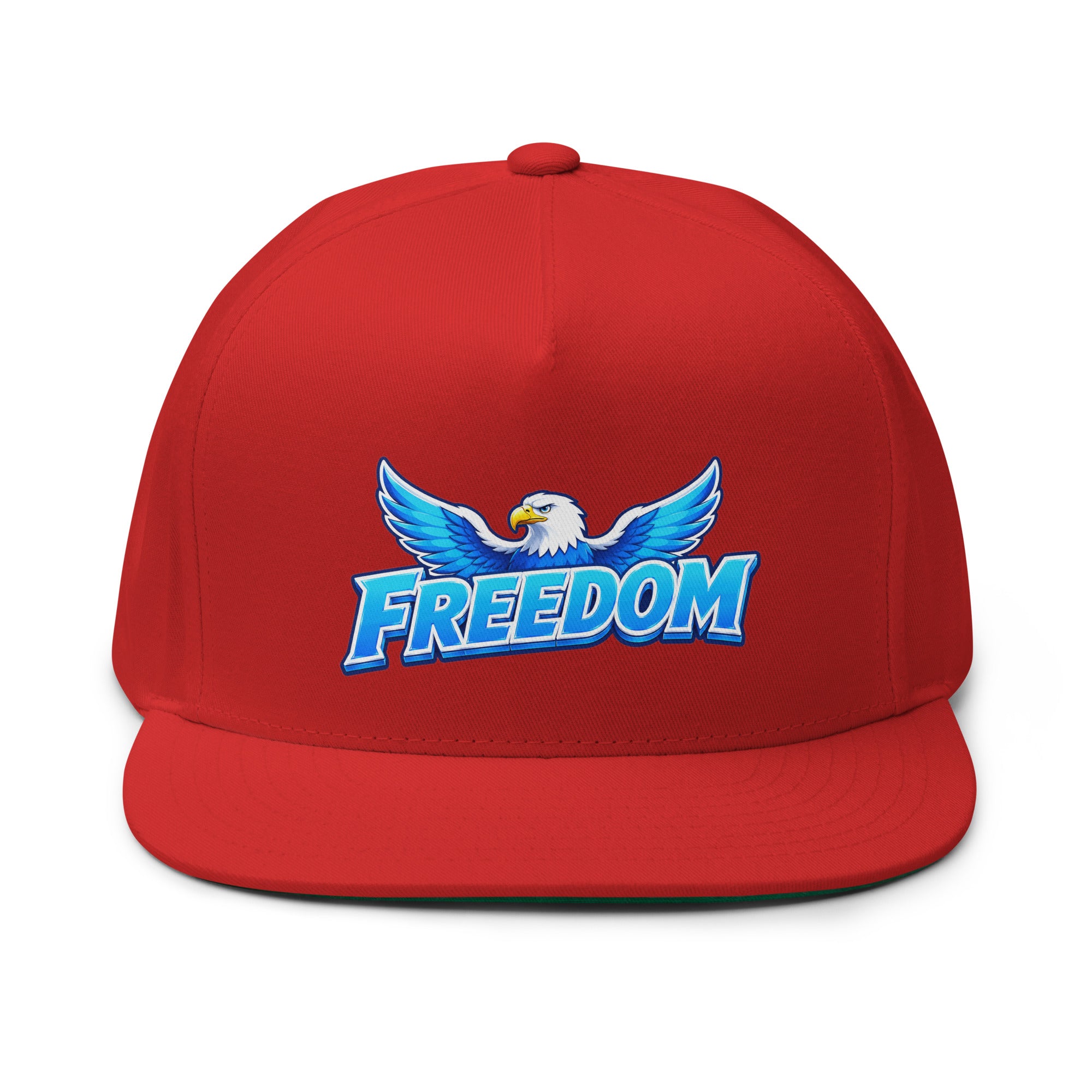 Flat Bill Cap - Majestic Soaring Eagle Freedom - Premium Electric Blue Sky Graphic Design by printfluence.net