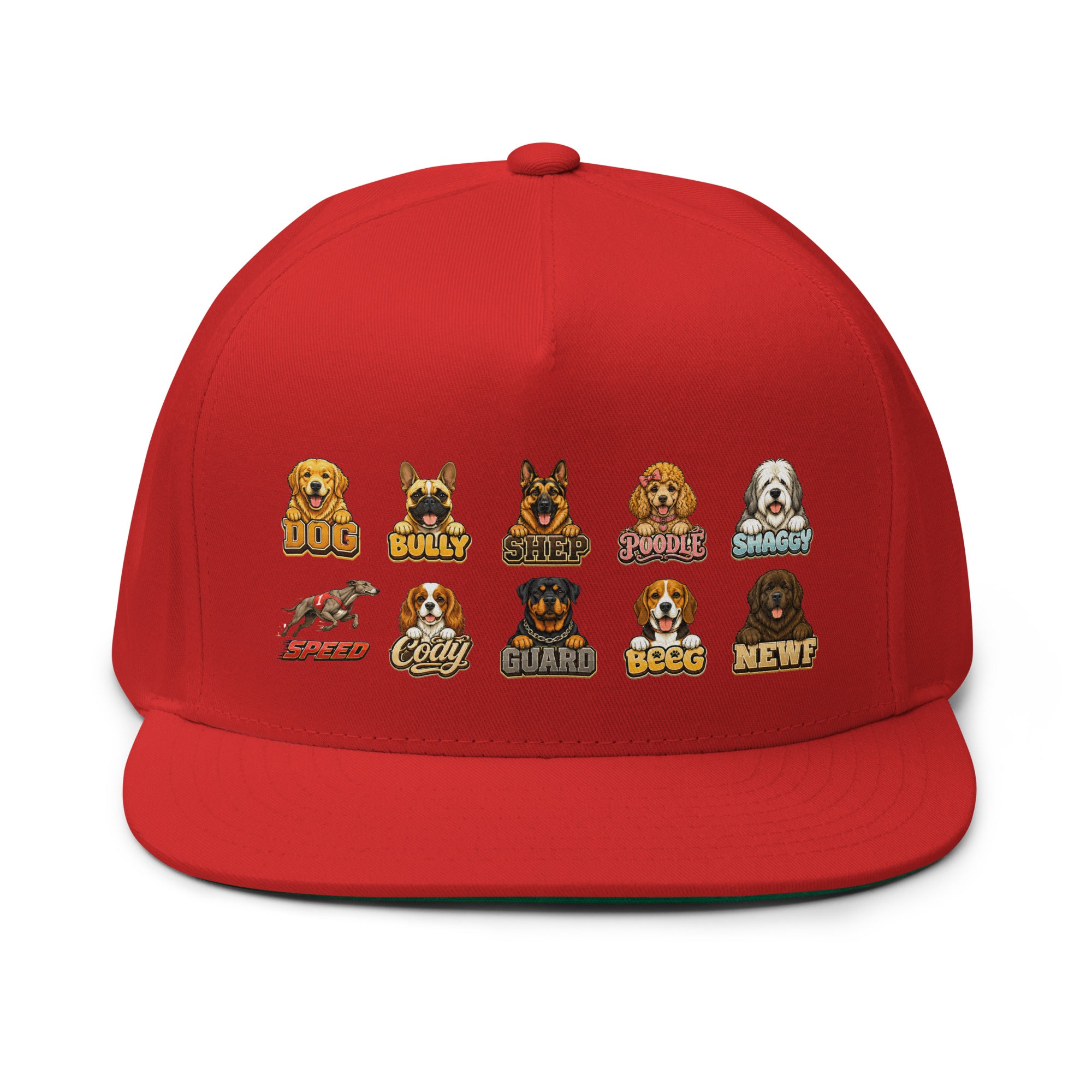 Multi-Breed Dog Badge Flat Bill Cap - Cute Canine Emblem Streetwear Hat for Dog Lovers by printfluence.net