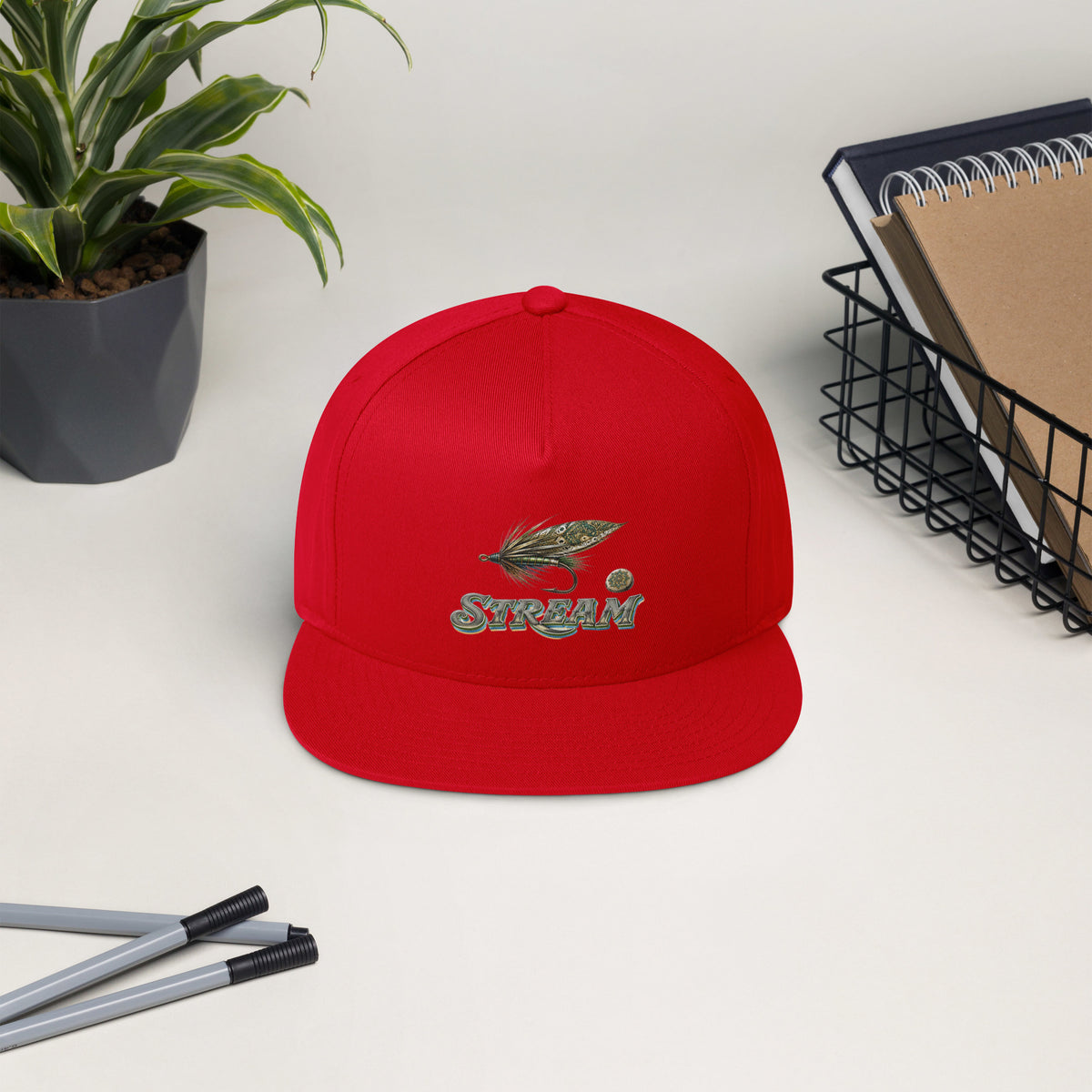 Fishing Lovers Structured Wool Blend Flat Bill Cap with Vintage Feather Fly Fishing and "STREAM" Design by printfluence.net