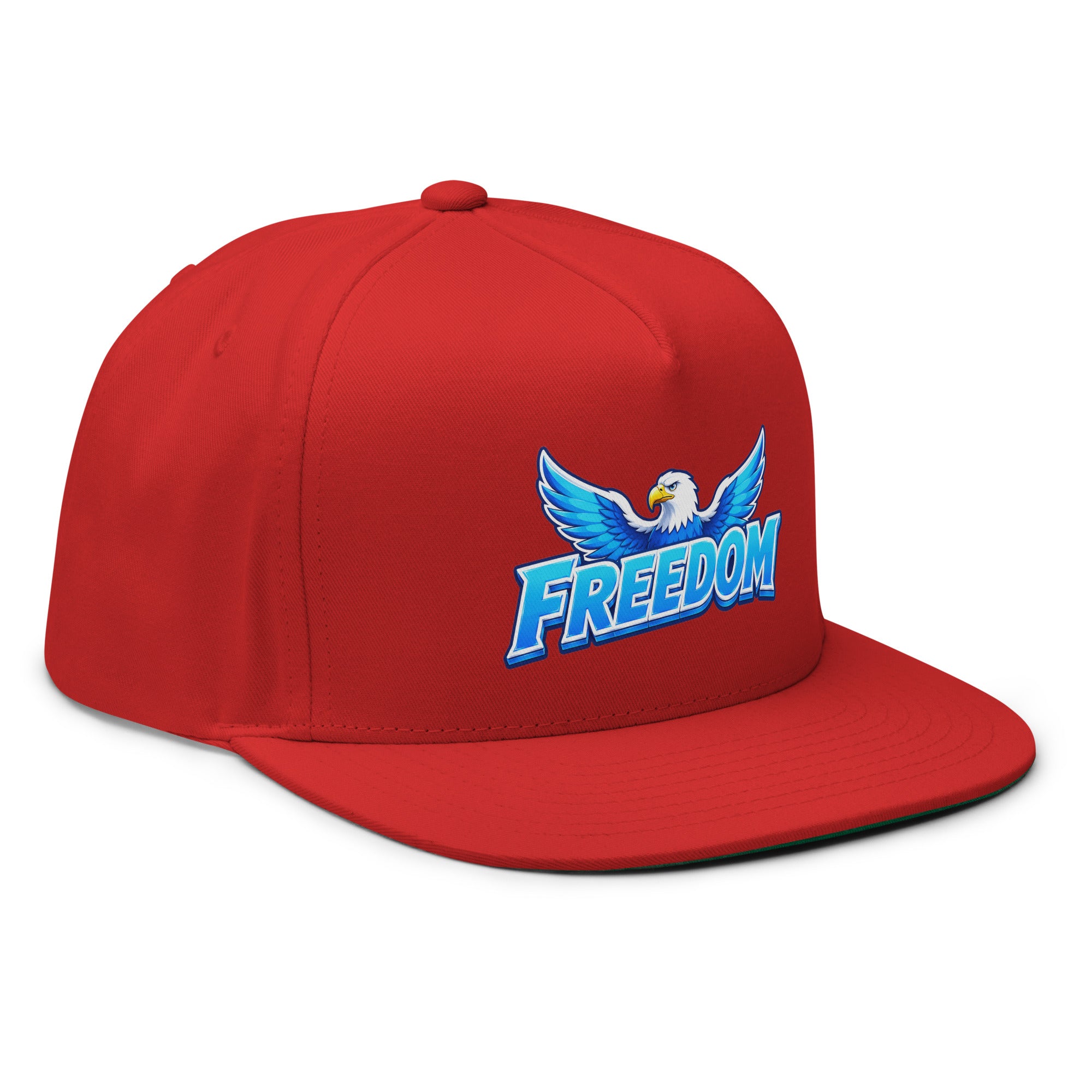 Flat Bill Cap - Majestic Soaring Eagle Freedom - Premium Electric Blue Sky Graphic Design by printfluence.net