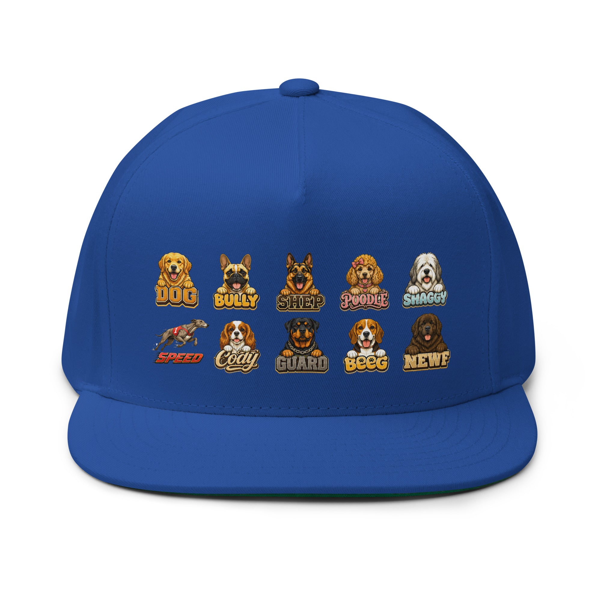 Multi-Breed Dog Badge Flat Bill Cap - Cute Canine Emblem Streetwear Hat for Dog Lovers by printfluence.net