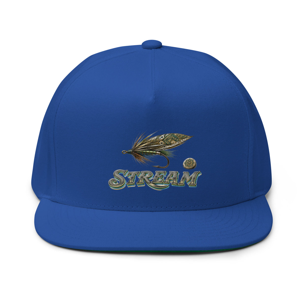 Fishing Lovers Structured Wool Blend Flat Bill Cap with Vintage Feather Fly Fishing and "STREAM" Design by printfluence.net