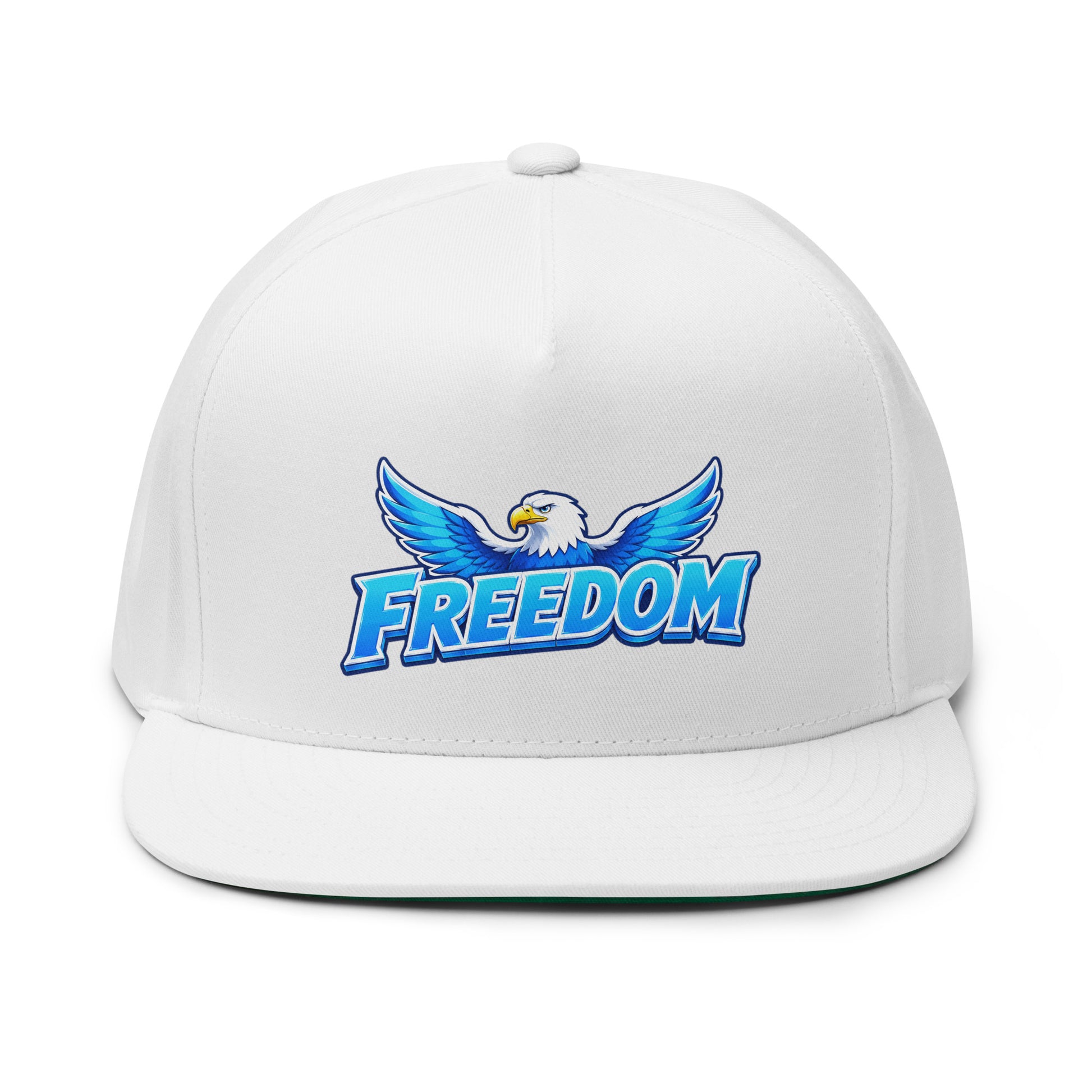 Flat Bill Cap - Majestic Soaring Eagle Freedom - Premium Electric Blue Sky Graphic Design by printfluence.net