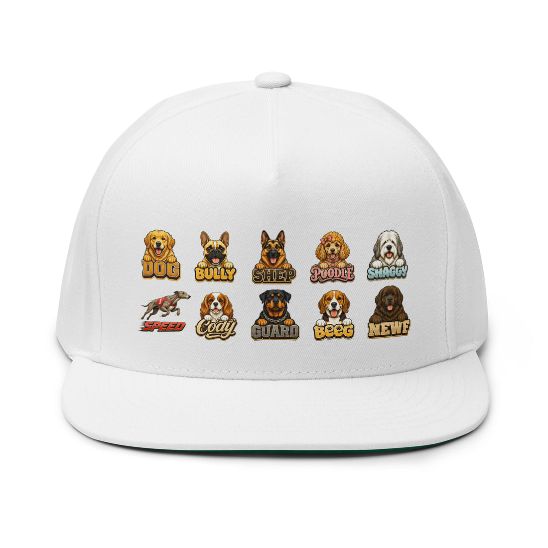 Multi-Breed Dog Badge Flat Bill Cap - Cute Canine Emblem Streetwear Hat for Dog Lovers by printfluence.net