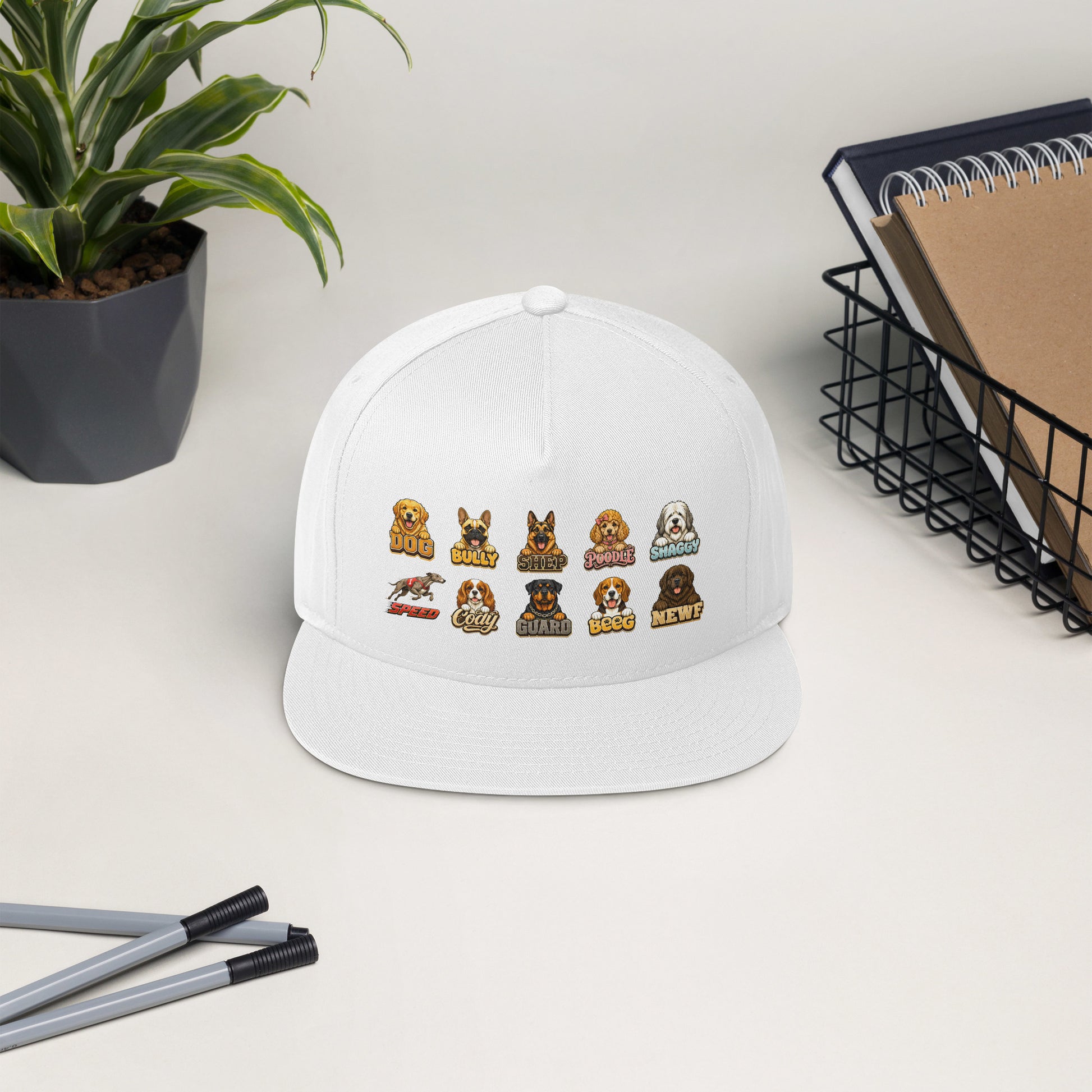 Multi-Breed Dog Badge Flat Bill Cap - Cute Canine Emblem Streetwear Hat for Dog Lovers by printfluence.net