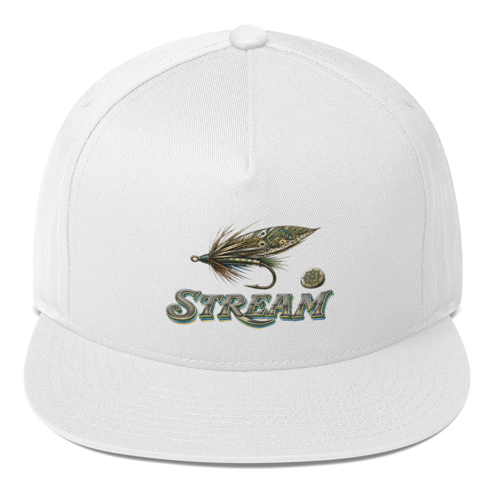 Fishing Lovers Structured Wool Blend Flat Bill Cap with Vintage Feather Fly Fishing and "STREAM" Design by printfluence.net