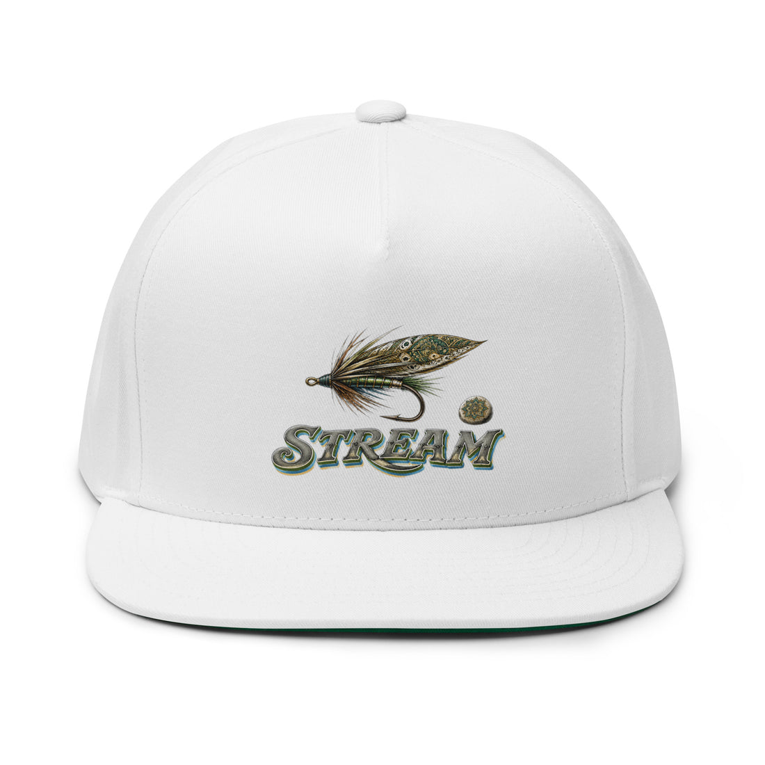 Fishing Lovers Structured Wool Blend Flat Bill Cap with Vintage Feather Fly Fishing and "STREAM" Design by printfluence.net