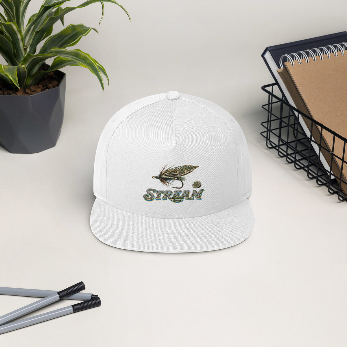 Fishing Lovers Structured Wool Blend Flat Bill Cap with Vintage Feather Fly Fishing and "STREAM" Design by printfluence.net