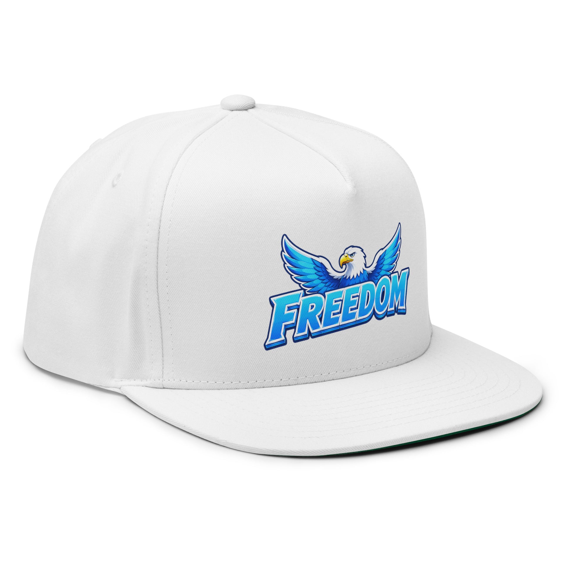 Flat Bill Cap - Majestic Soaring Eagle Freedom - Premium Electric Blue Sky Graphic Design by printfluence.net