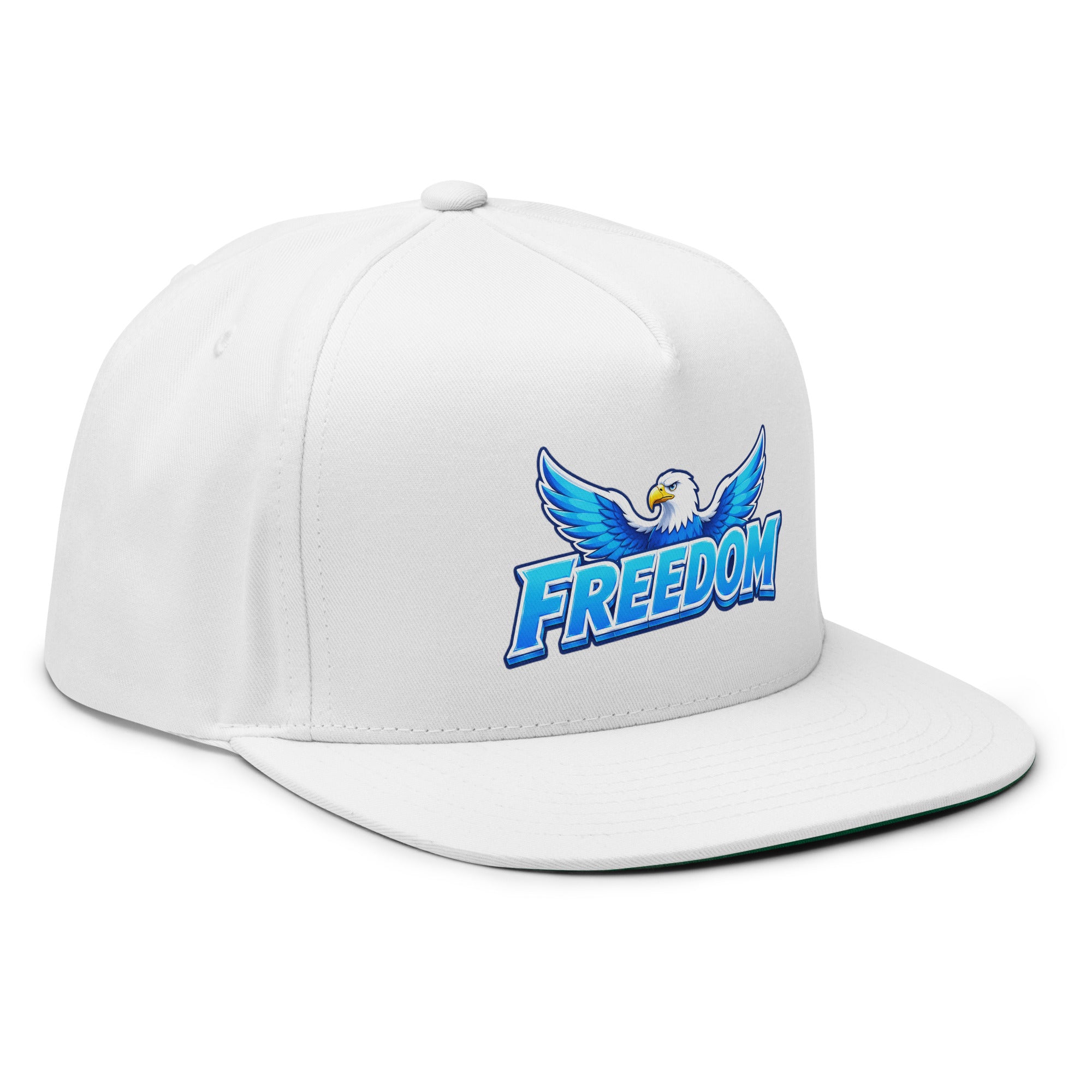 Flat Bill Cap - Majestic Soaring Eagle Freedom - Premium Electric Blue Sky Graphic Design by printfluence.net