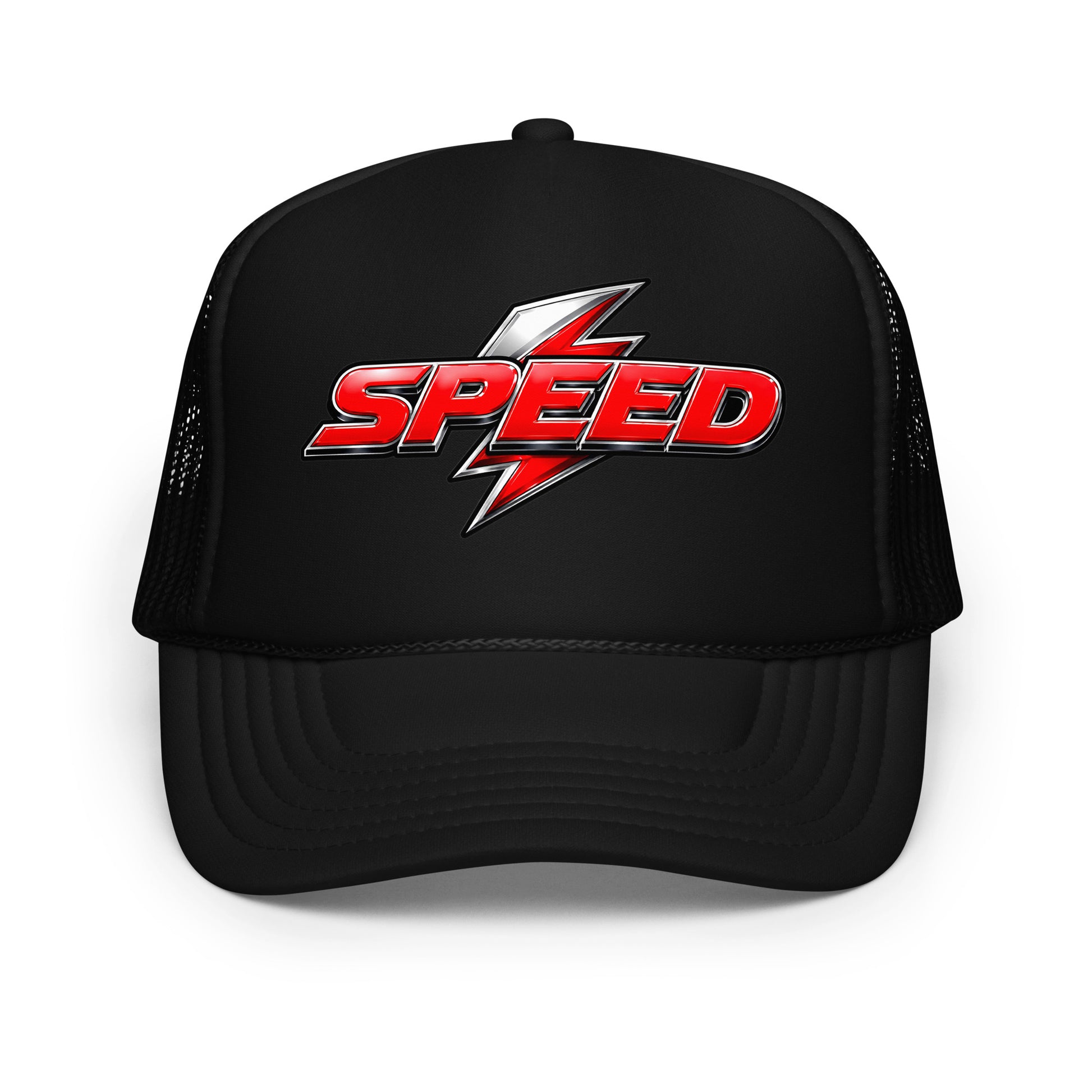 Foam trucker hat - Dynamic Red Lightning Speed - Premium Metallic Turbo Graphic Design by printfluence.net