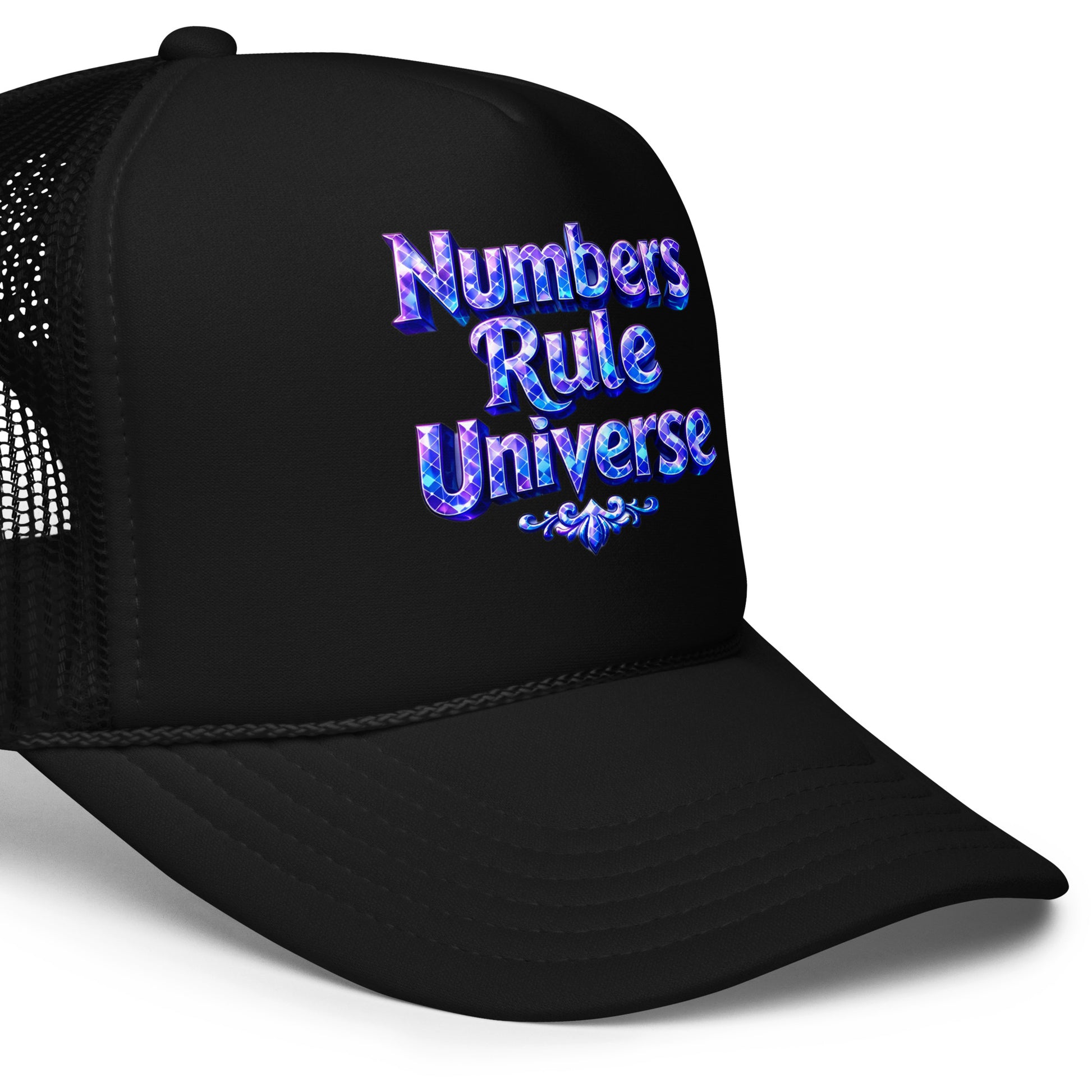 Foam trucker hat - Numbers Rule Universe Foam Trucker Hat – Bold Futuristic Quote Cap by printfluence.net
