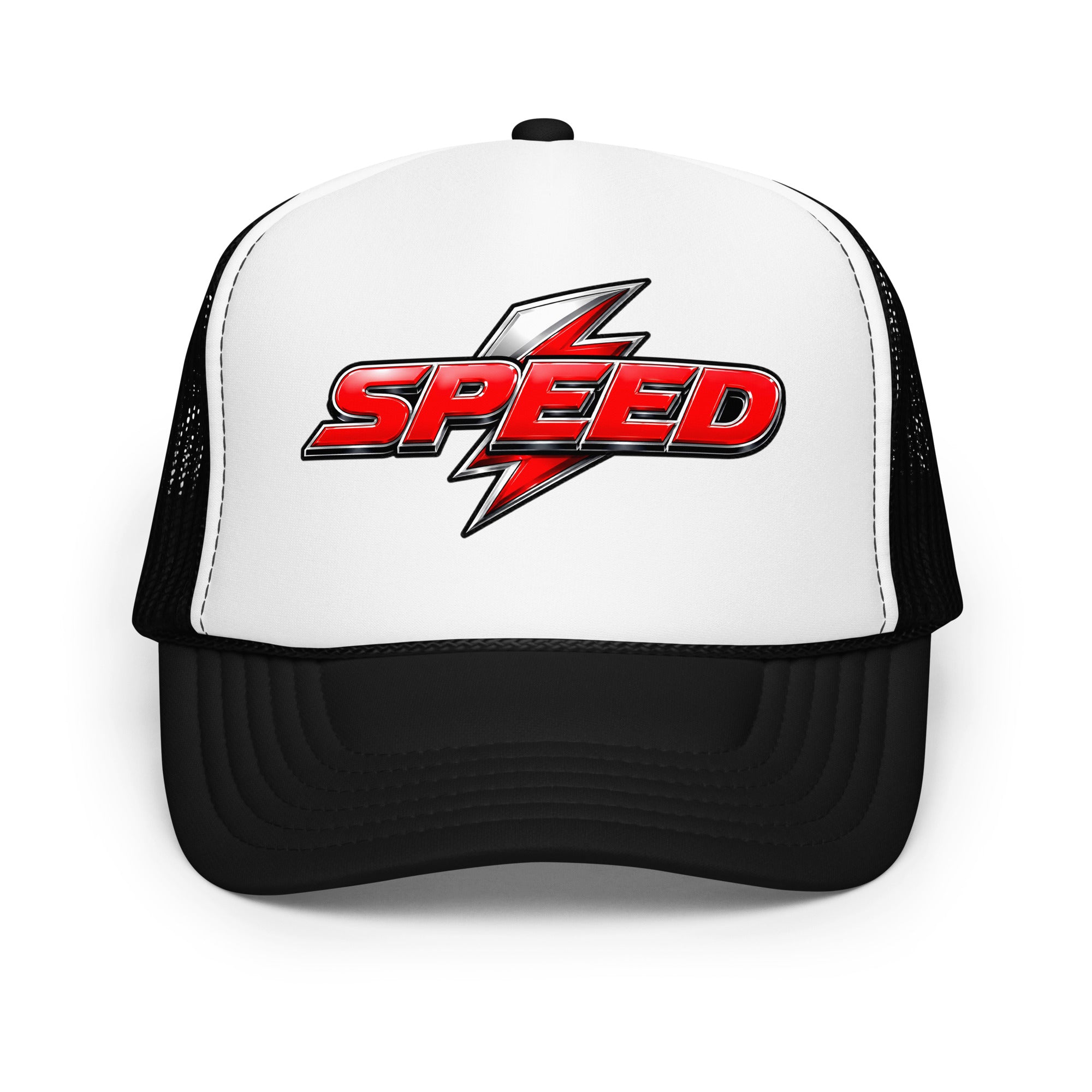 Foam trucker hat - Dynamic Red Lightning Speed - Premium Metallic Turbo Graphic Design by printfluence.net