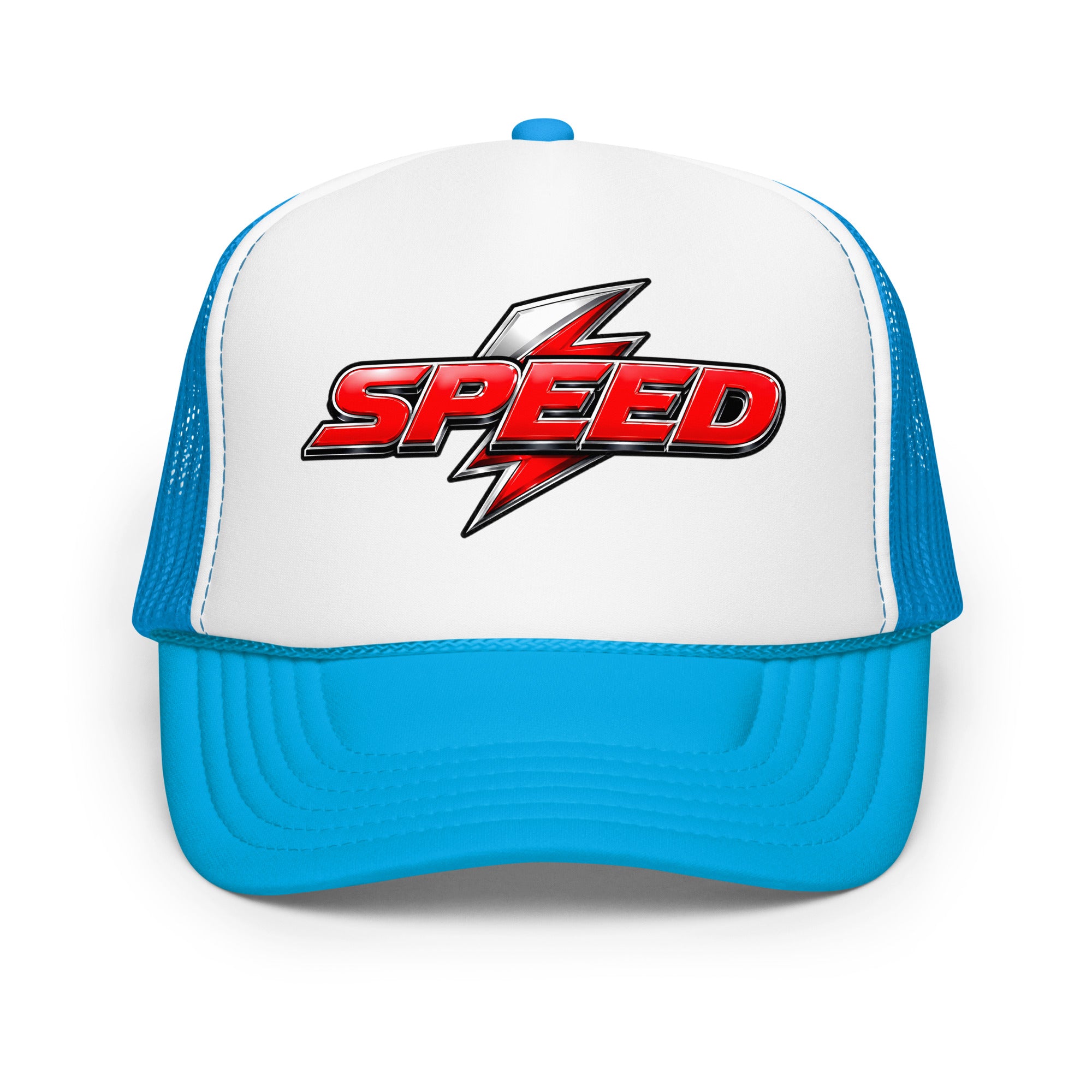Foam trucker hat - Dynamic Red Lightning Speed - Premium Metallic Turbo Graphic Design by printfluence.net