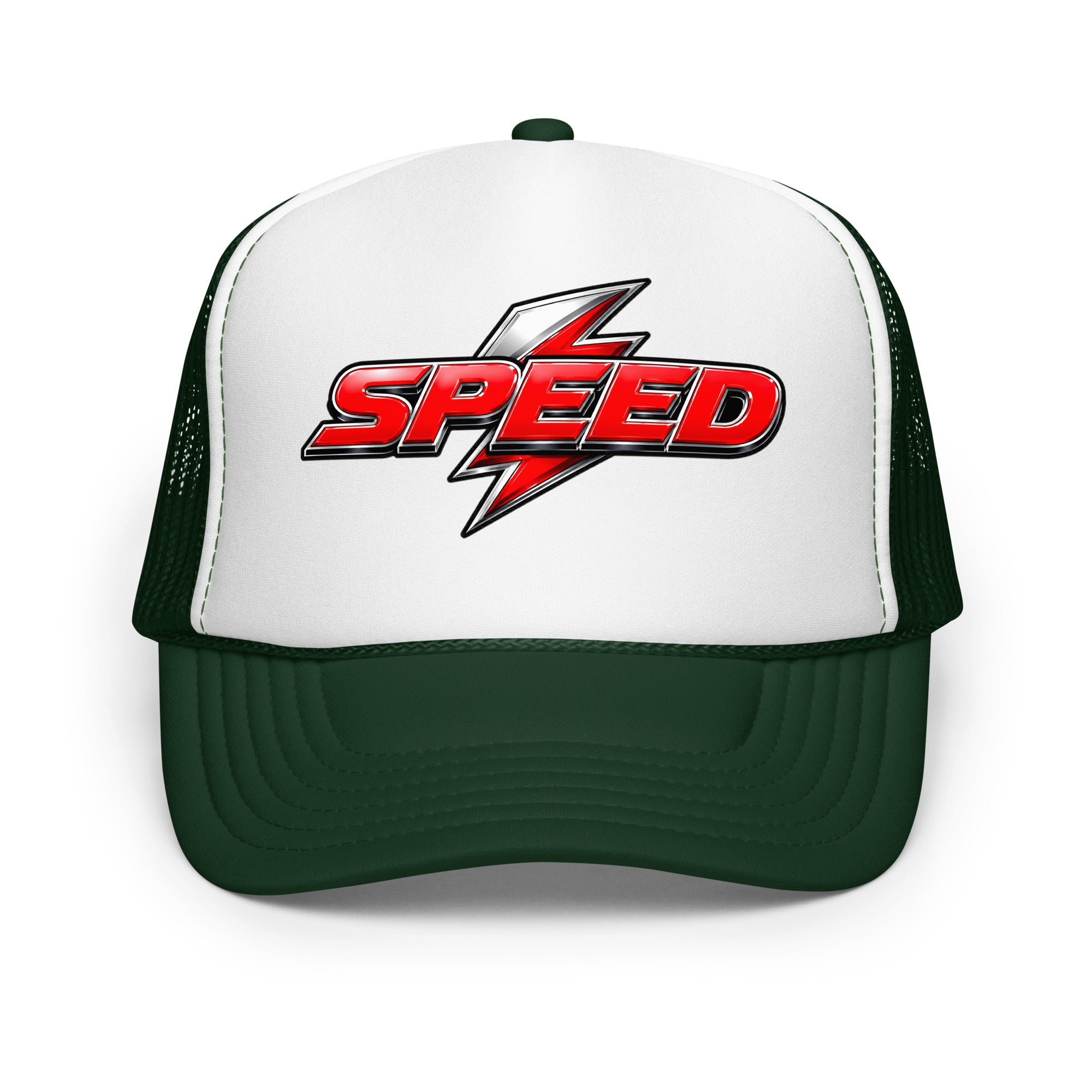 Foam trucker hat - Dynamic Red Lightning Speed - Premium Metallic Turbo Graphic Design by printfluence.net