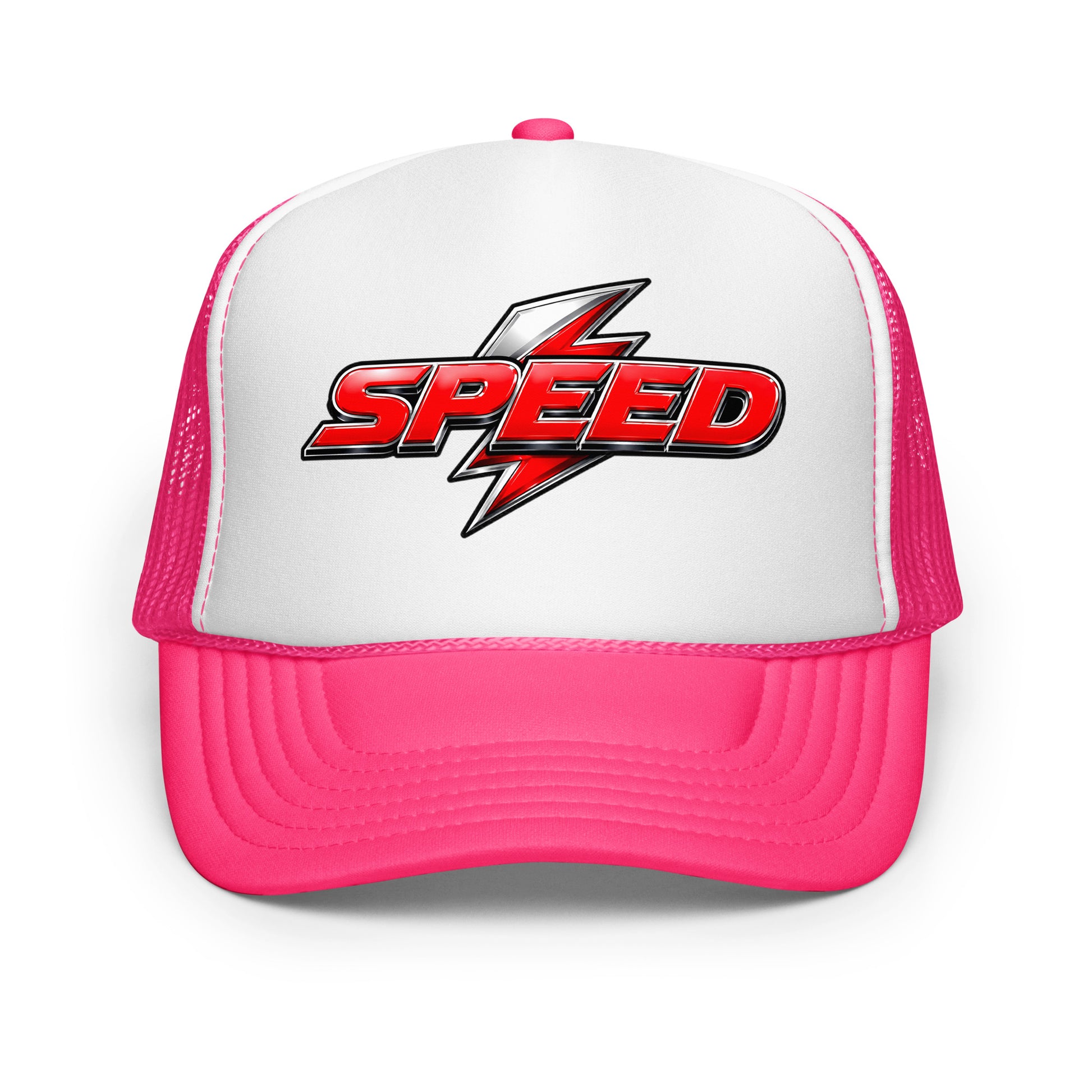 Foam trucker hat - Dynamic Red Lightning Speed - Premium Metallic Turbo Graphic Design by printfluence.net