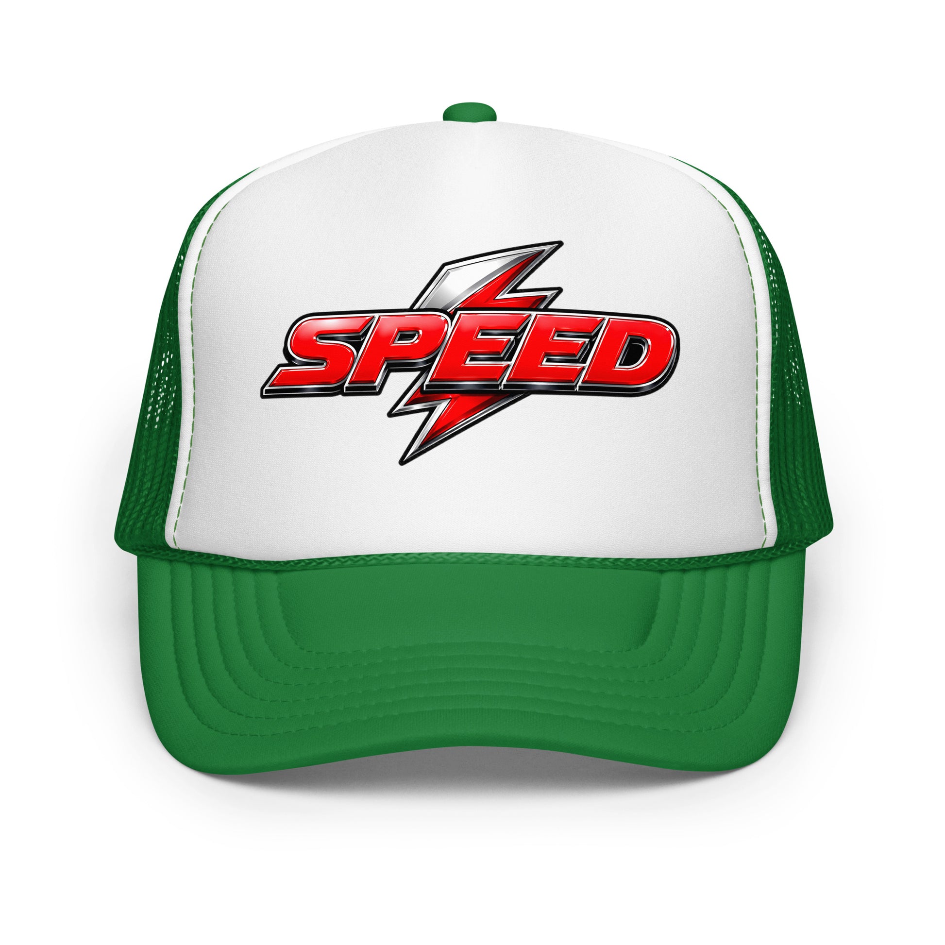 Foam trucker hat - Dynamic Red Lightning Speed - Premium Metallic Turbo Graphic Design by printfluence.net