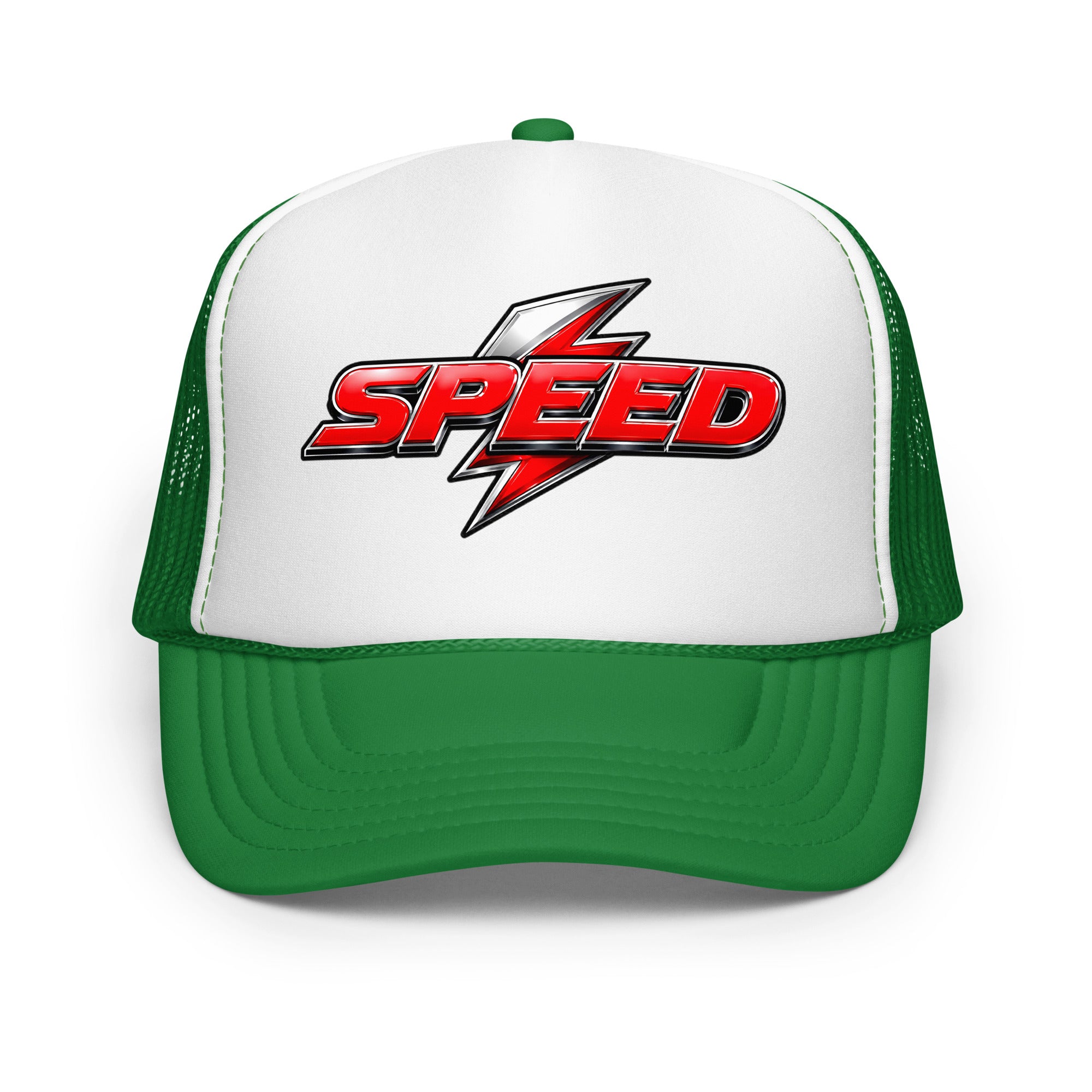 Foam trucker hat - Dynamic Red Lightning Speed - Premium Metallic Turbo Graphic Design by printfluence.net