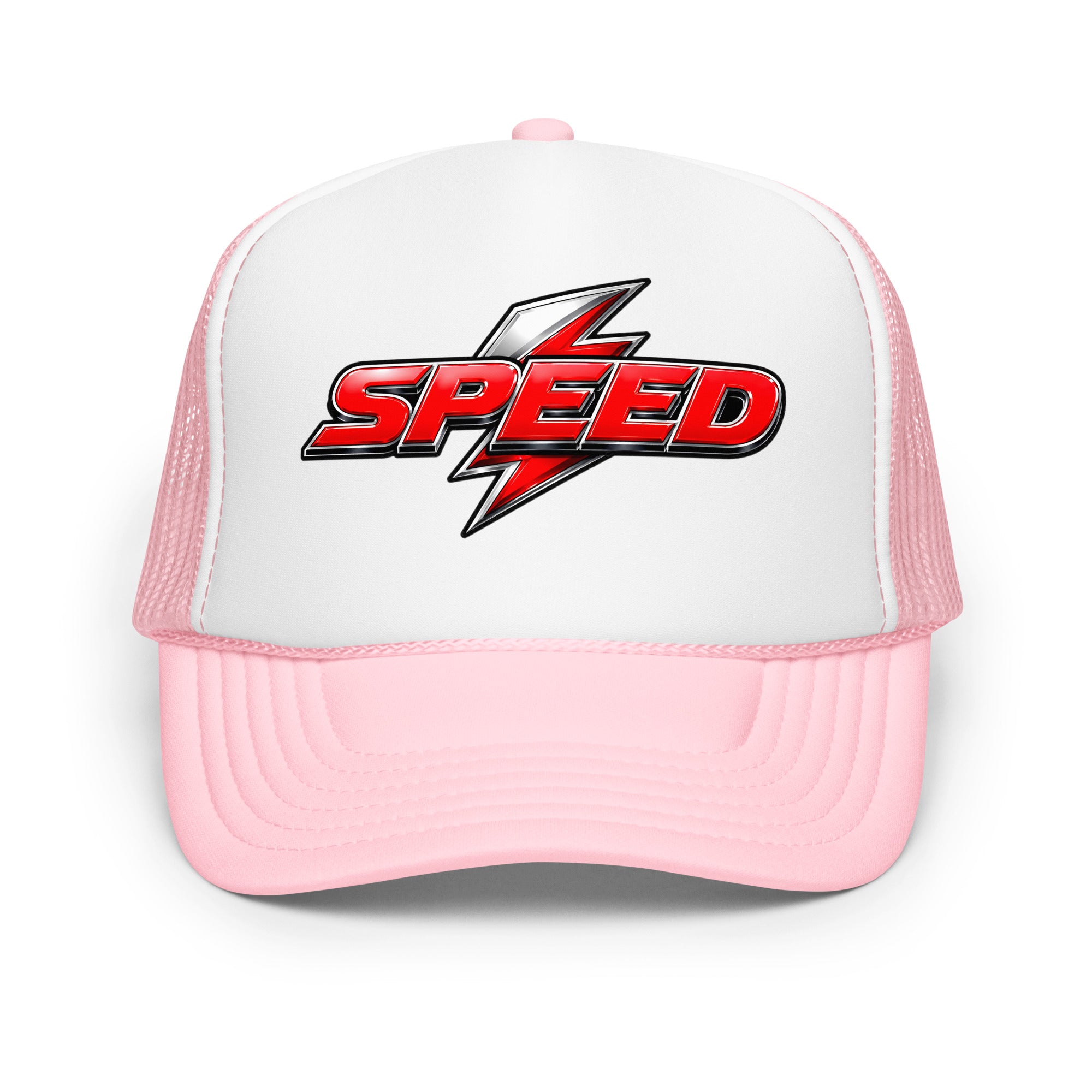 Foam trucker hat - Dynamic Red Lightning Speed - Premium Metallic Turbo Graphic Design by printfluence.net