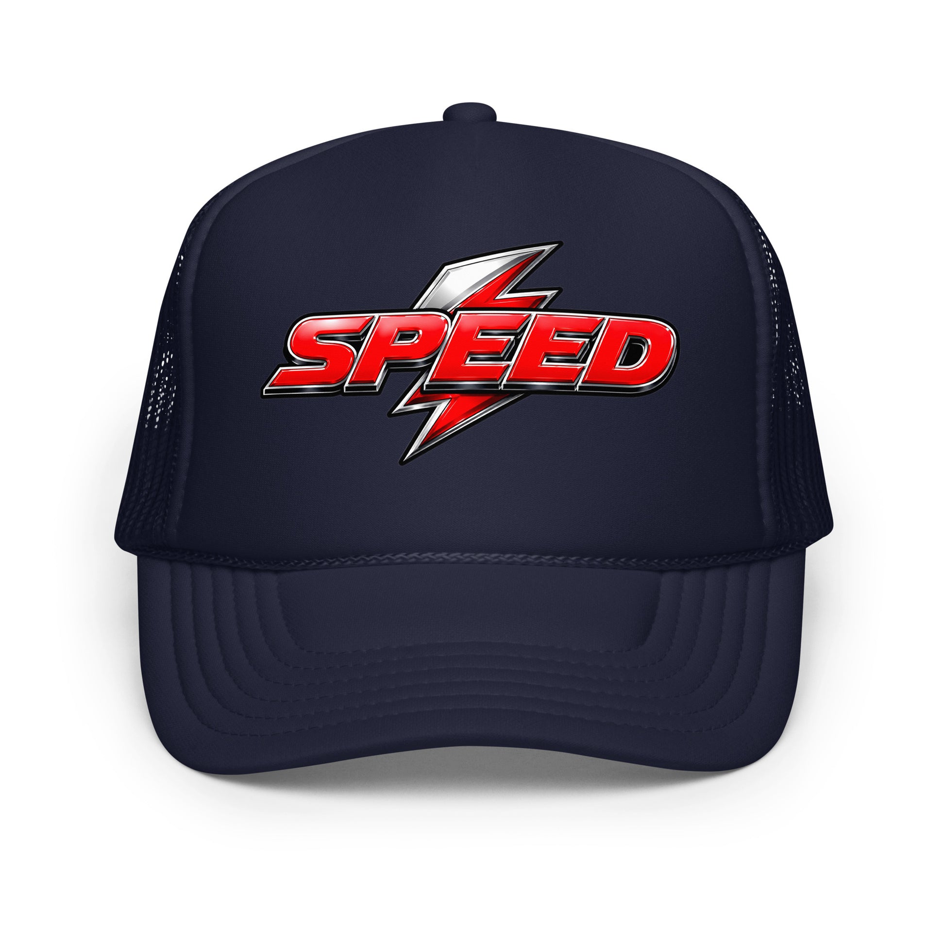 Foam trucker hat - Dynamic Red Lightning Speed - Premium Metallic Turbo Graphic Design by printfluence.net