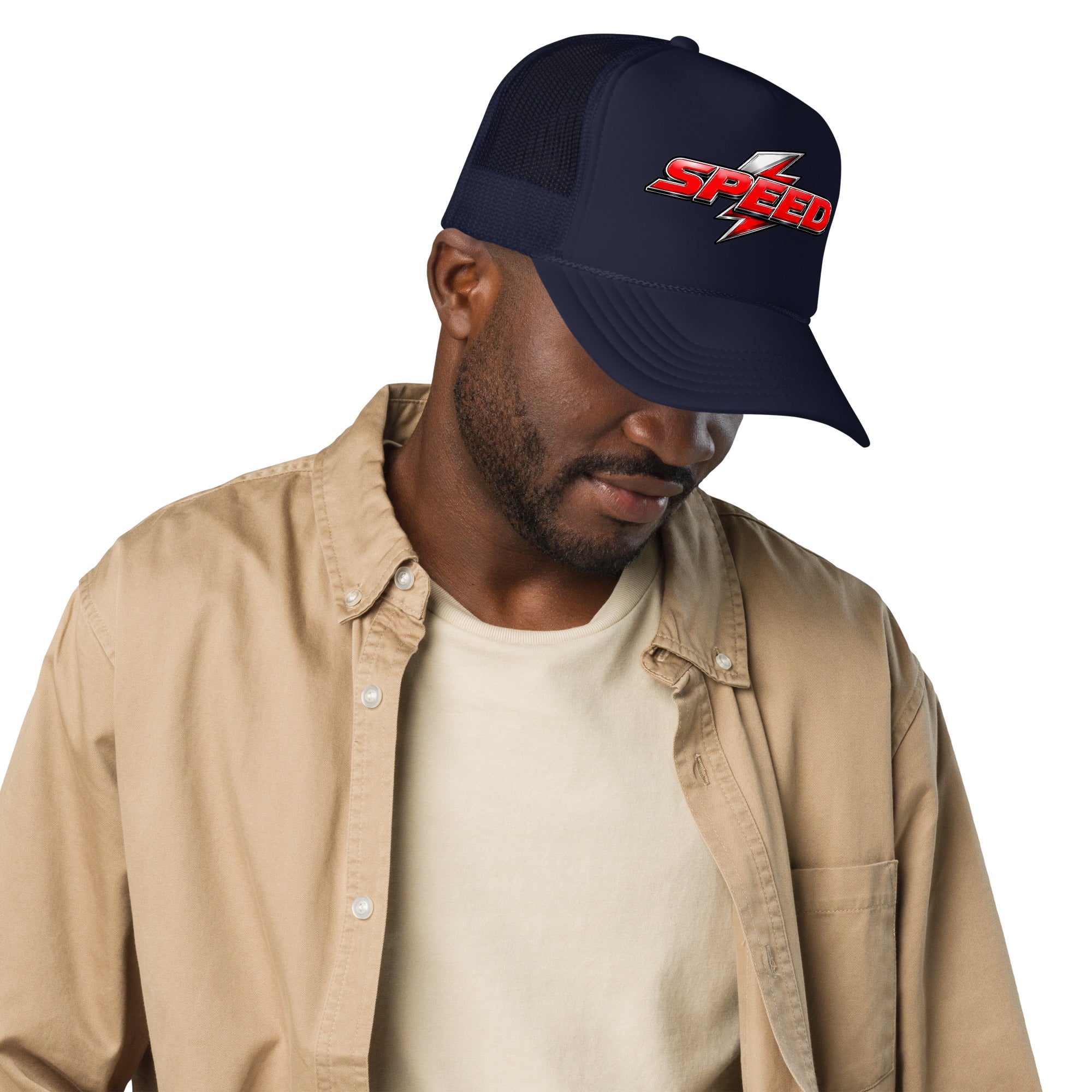Foam trucker hat - Dynamic Red Lightning Speed - Premium Metallic Turbo Graphic Design by printfluence.net