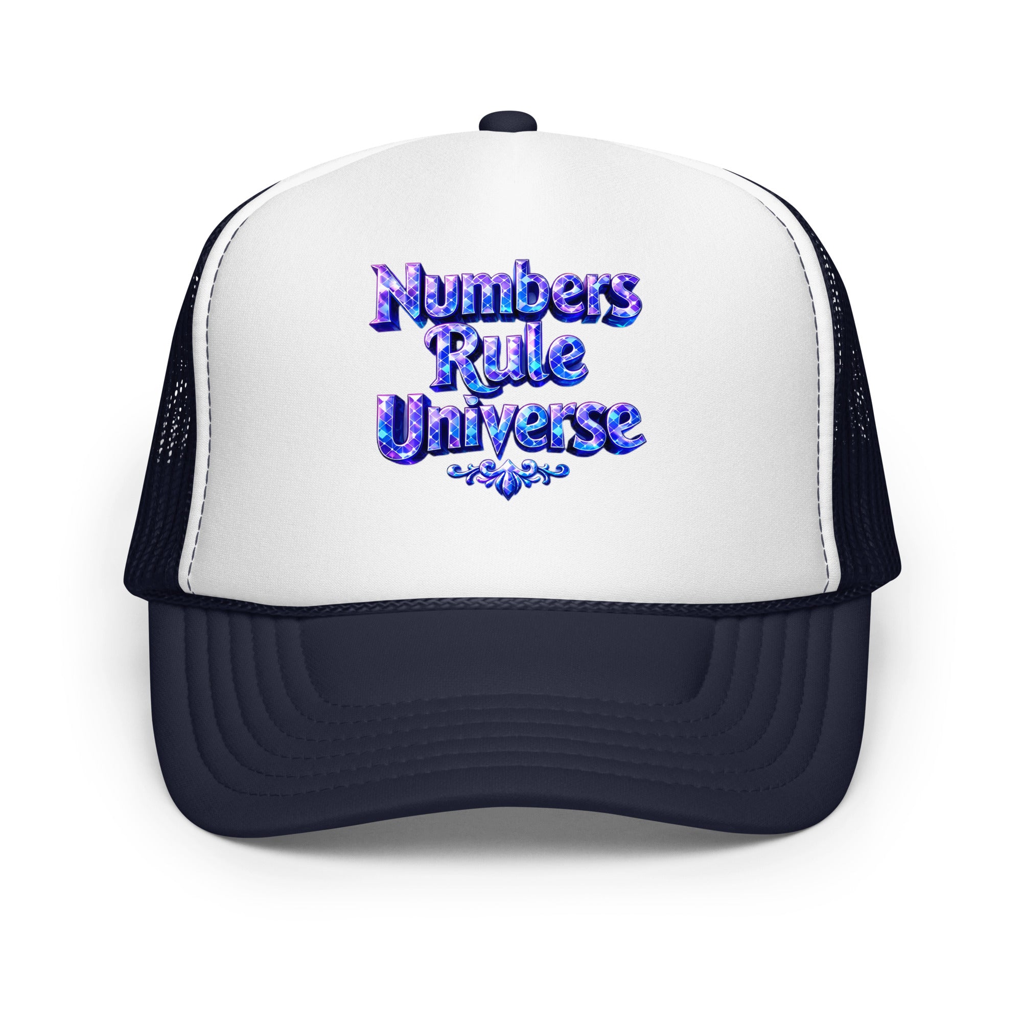 Foam trucker hat - Numbers Rule Universe Foam Trucker Hat – Bold Futuristic Quote Cap by printfluence.net