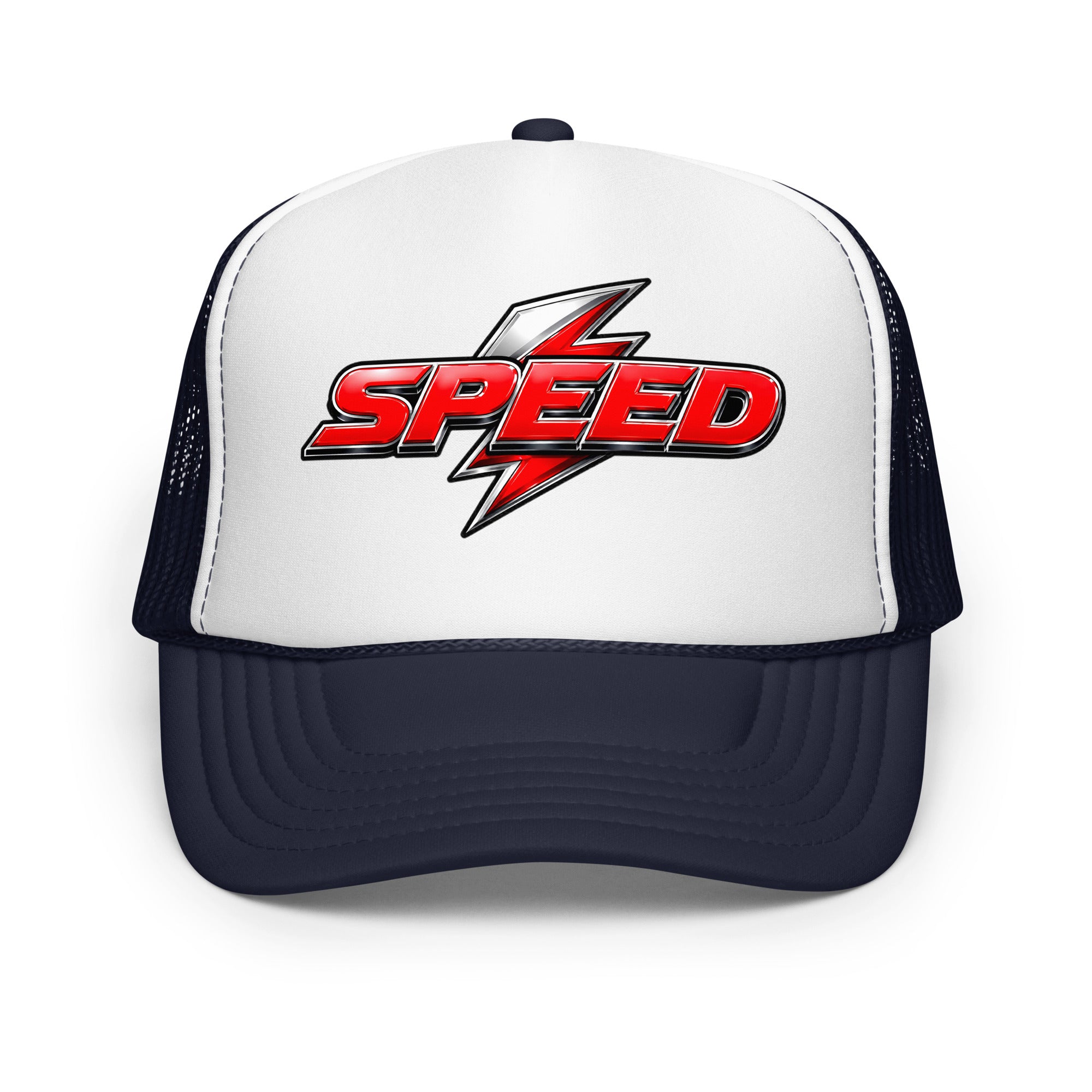 Foam trucker hat - Dynamic Red Lightning Speed - Premium Metallic Turbo Graphic Design by printfluence.net