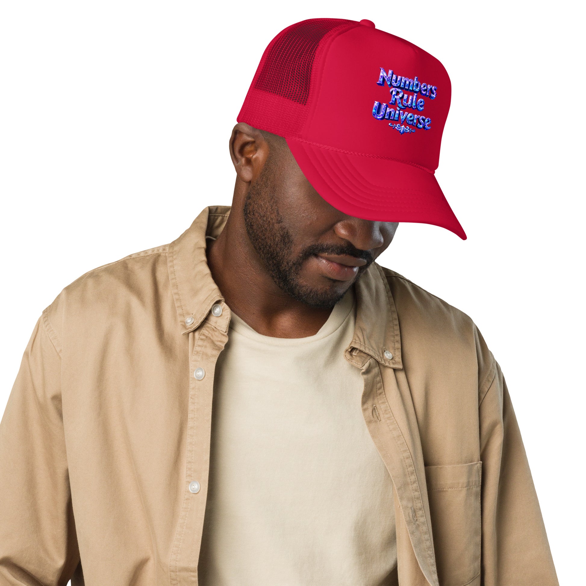 Foam trucker hat - Numbers Rule Universe Foam Trucker Hat – Bold Futuristic Quote Cap by printfluence.net