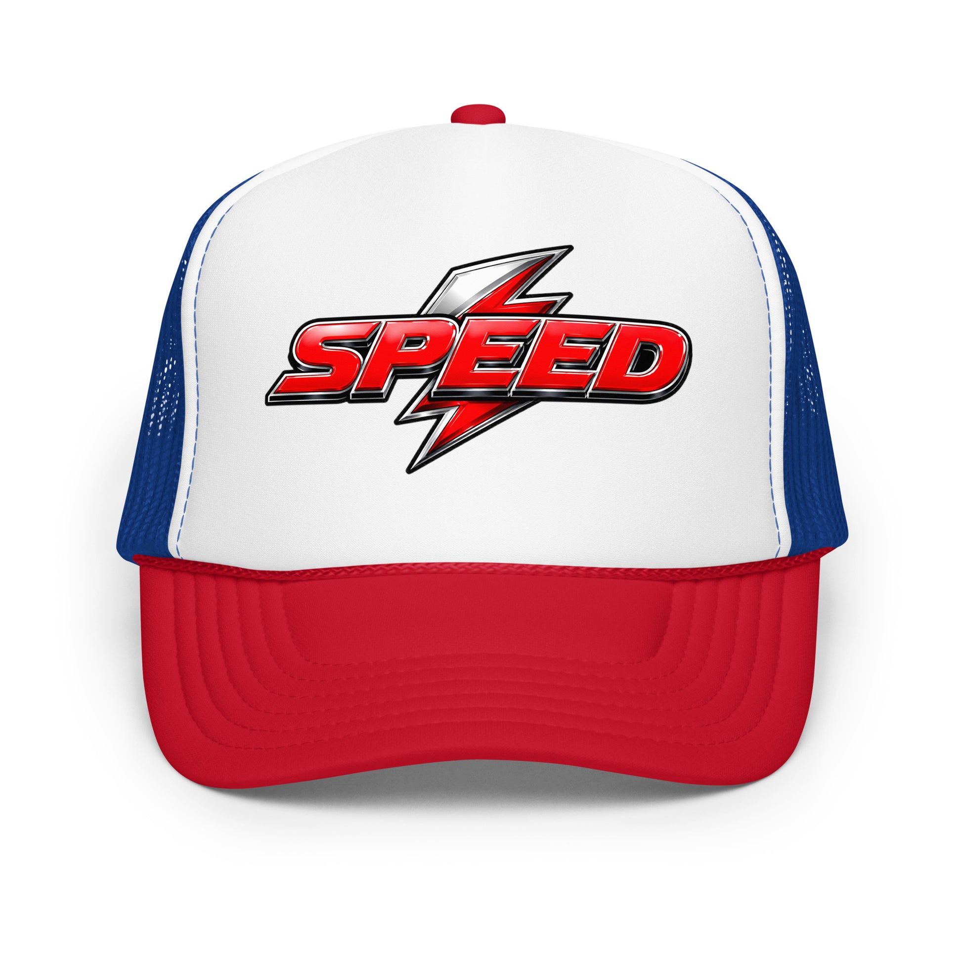 Foam trucker hat - Dynamic Red Lightning Speed - Premium Metallic Turbo Graphic Design by printfluence.net