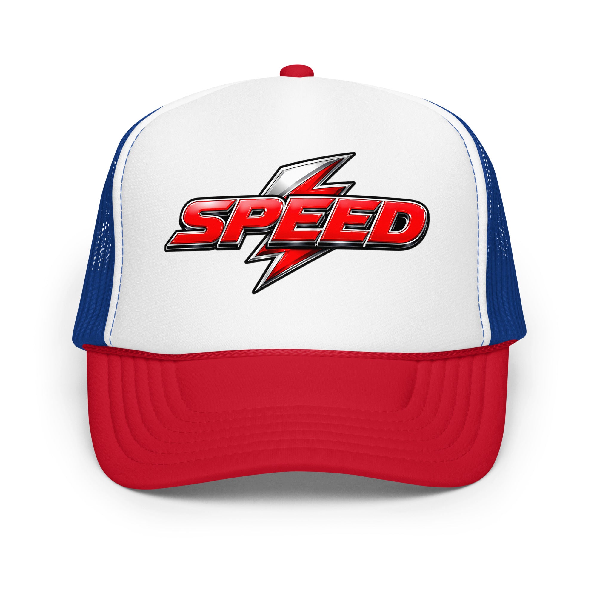 Foam trucker hat - Dynamic Red Lightning Speed - Premium Metallic Turbo Graphic Design by printfluence.net