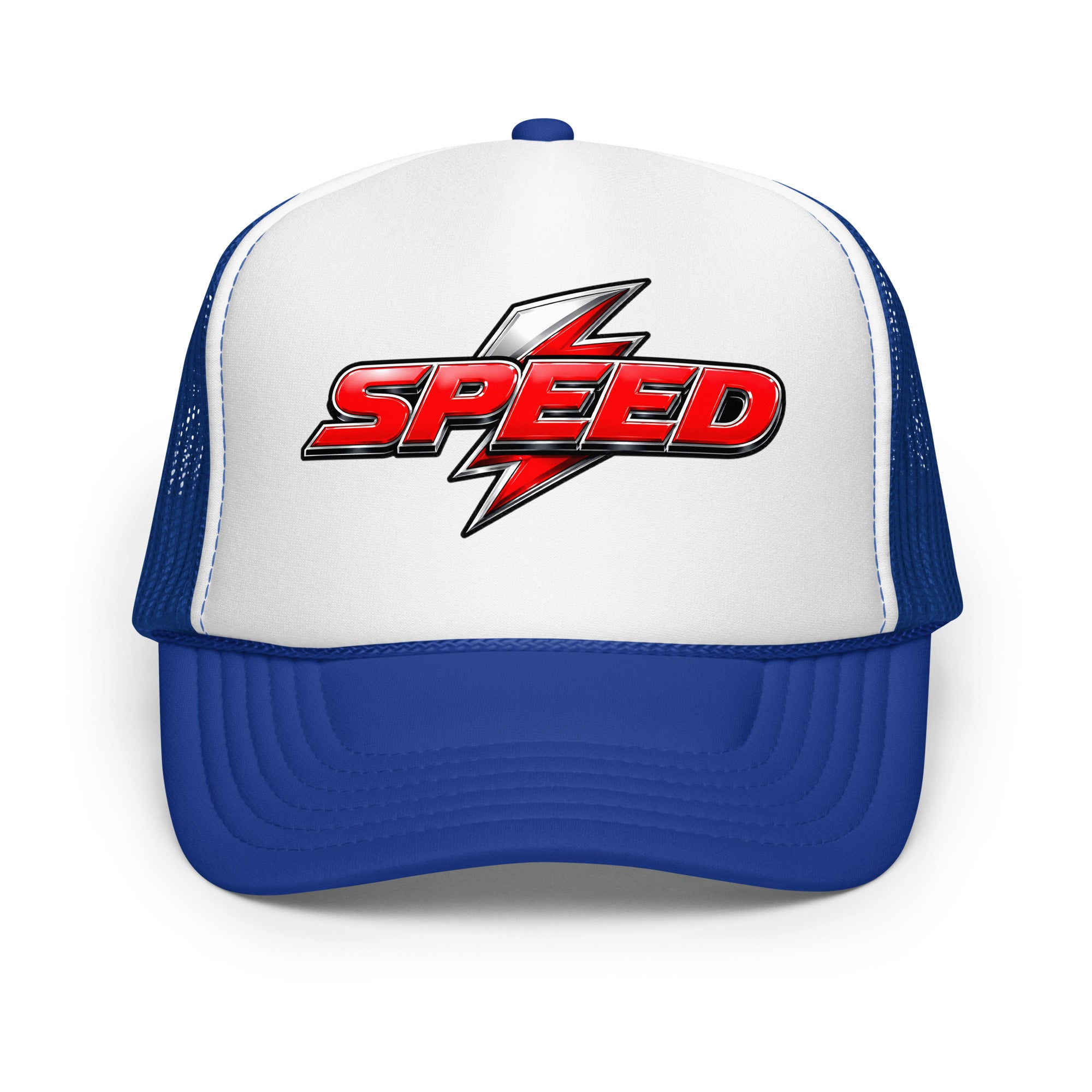 Foam trucker hat - Dynamic Red Lightning Speed - Premium Metallic Turbo Graphic Design by printfluence.net