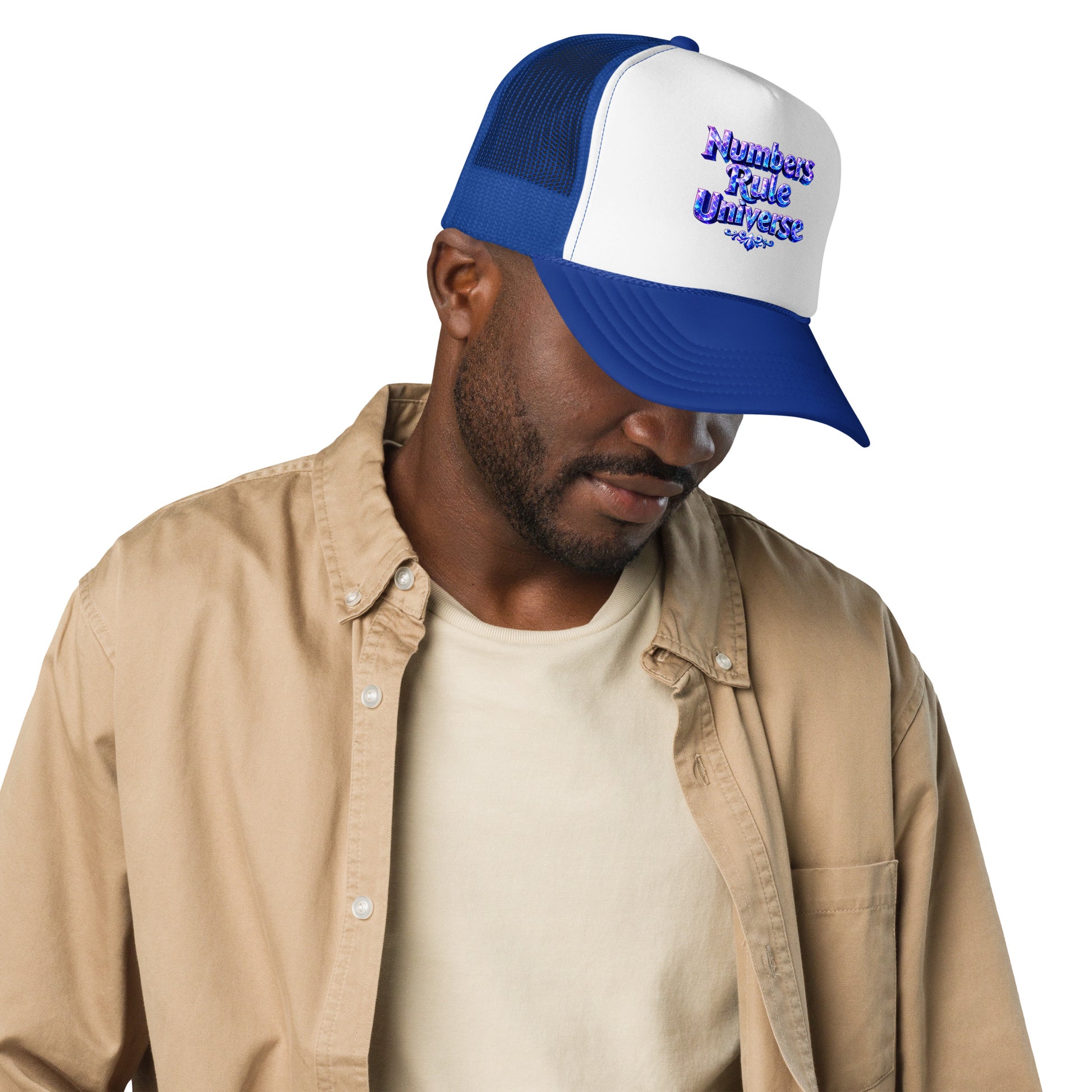 Foam trucker hat - Numbers Rule Universe Foam Trucker Hat – Bold Futuristic Quote Cap by printfluence.net