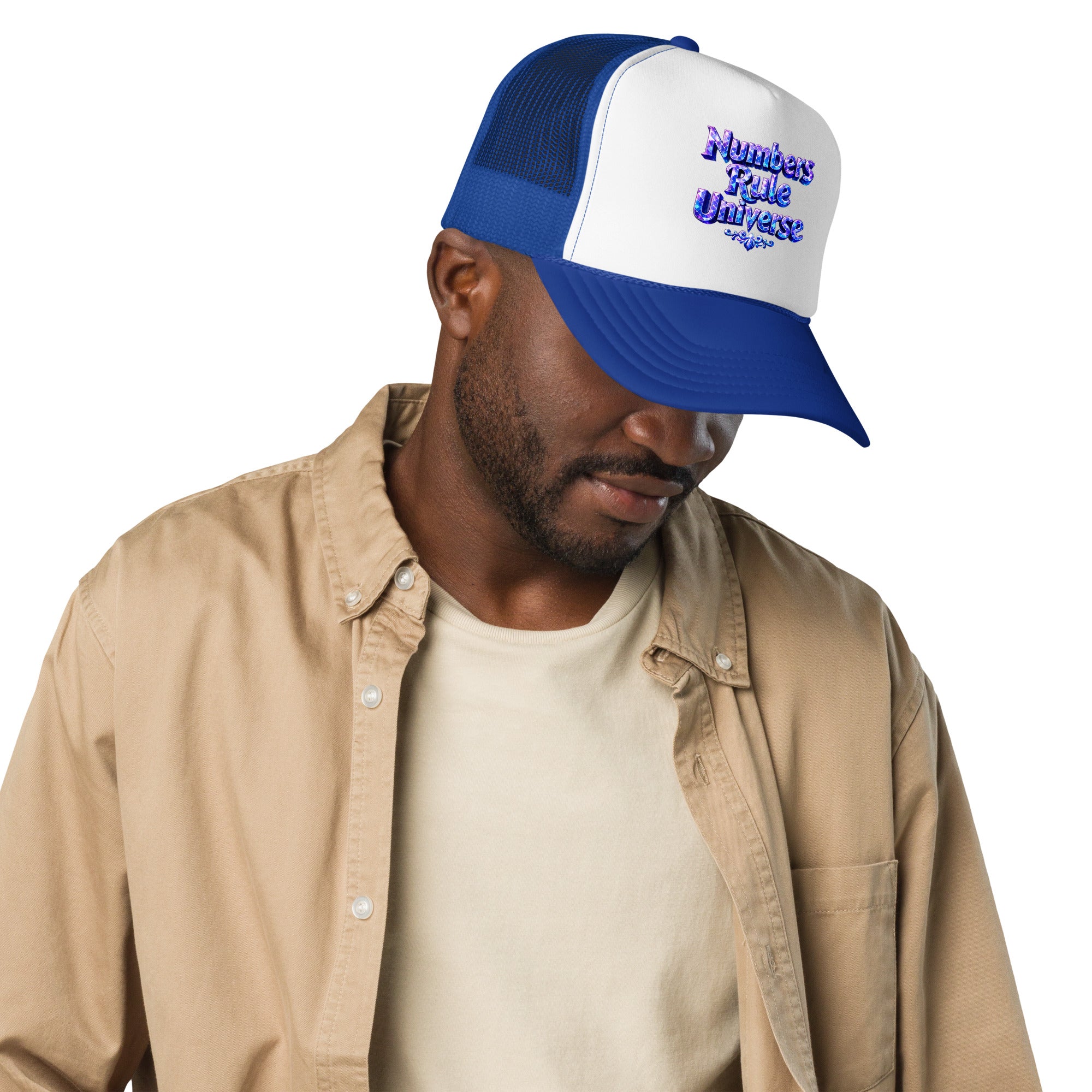 Foam trucker hat - Numbers Rule Universe Foam Trucker Hat – Bold Futuristic Quote Cap by printfluence.net