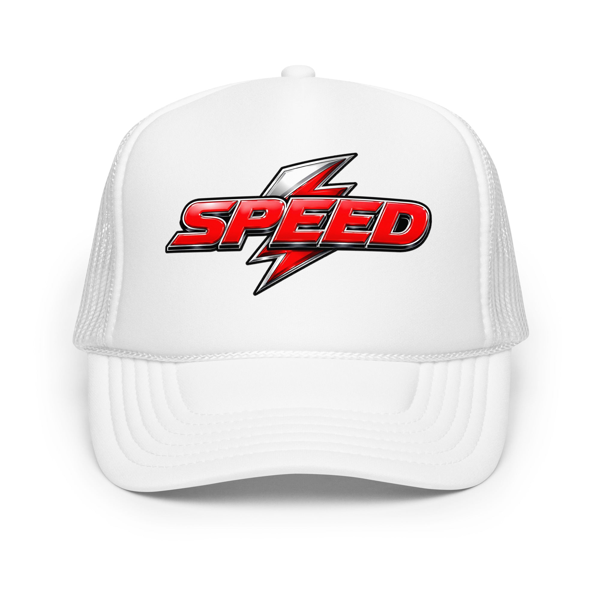 Foam trucker hat - Dynamic Red Lightning Speed - Premium Metallic Turbo Graphic Design by printfluence.net