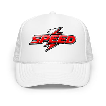 Foam trucker hat - Dynamic Red Lightning Speed - Premium Metallic Turbo Graphic Design by printfluence.net