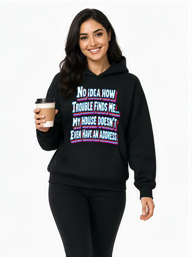 Sarcastic Humor Lovers | Unisex Sculpted Heavyweight Hoodie — No Idea How Trouble Finds Me... My House Doesn’t Even Have An Address. by printfluence