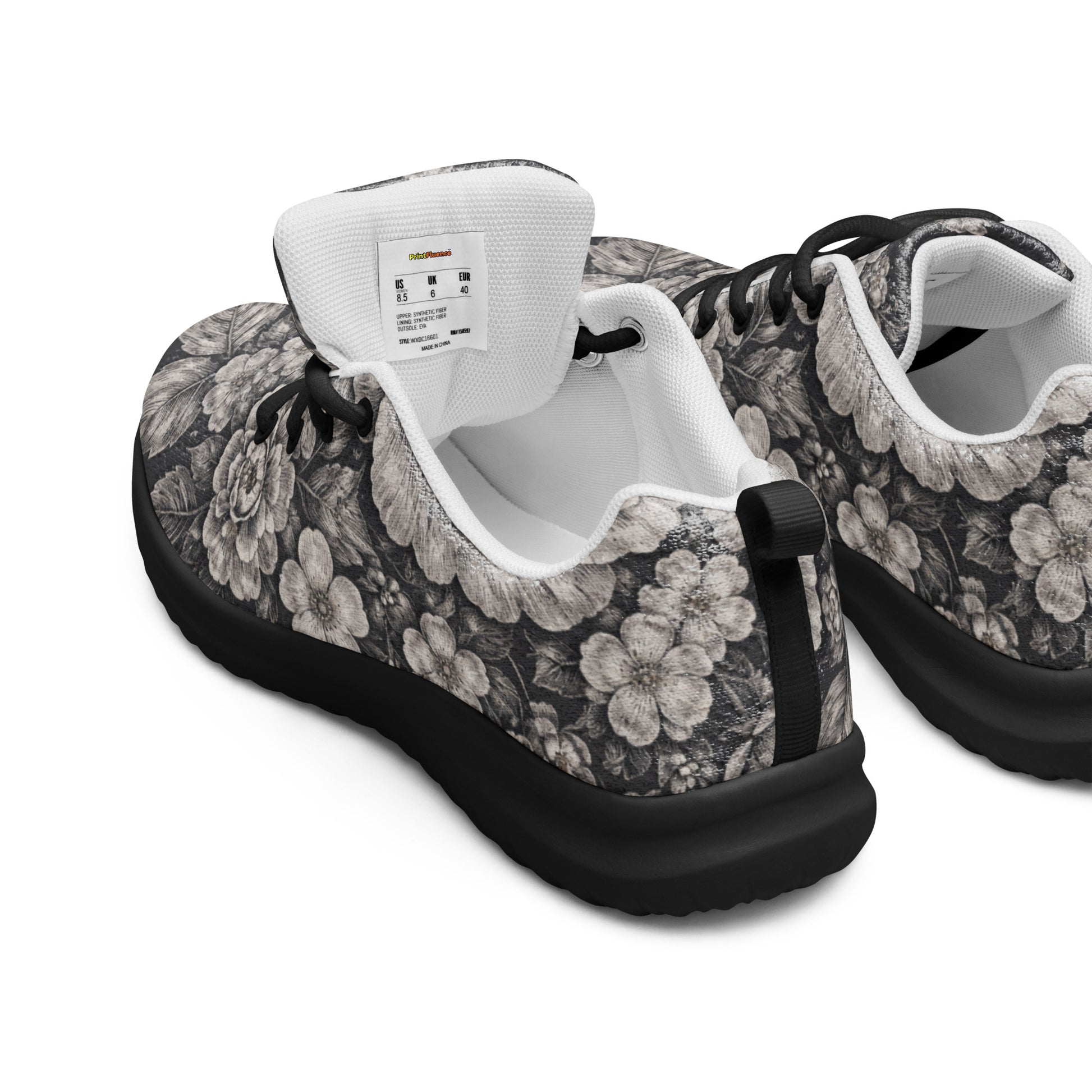 Men’s athletic shoes - Noir Floral Athletic Shoes – Men's Grayscale Rose Print Sneakers by printfluence.net