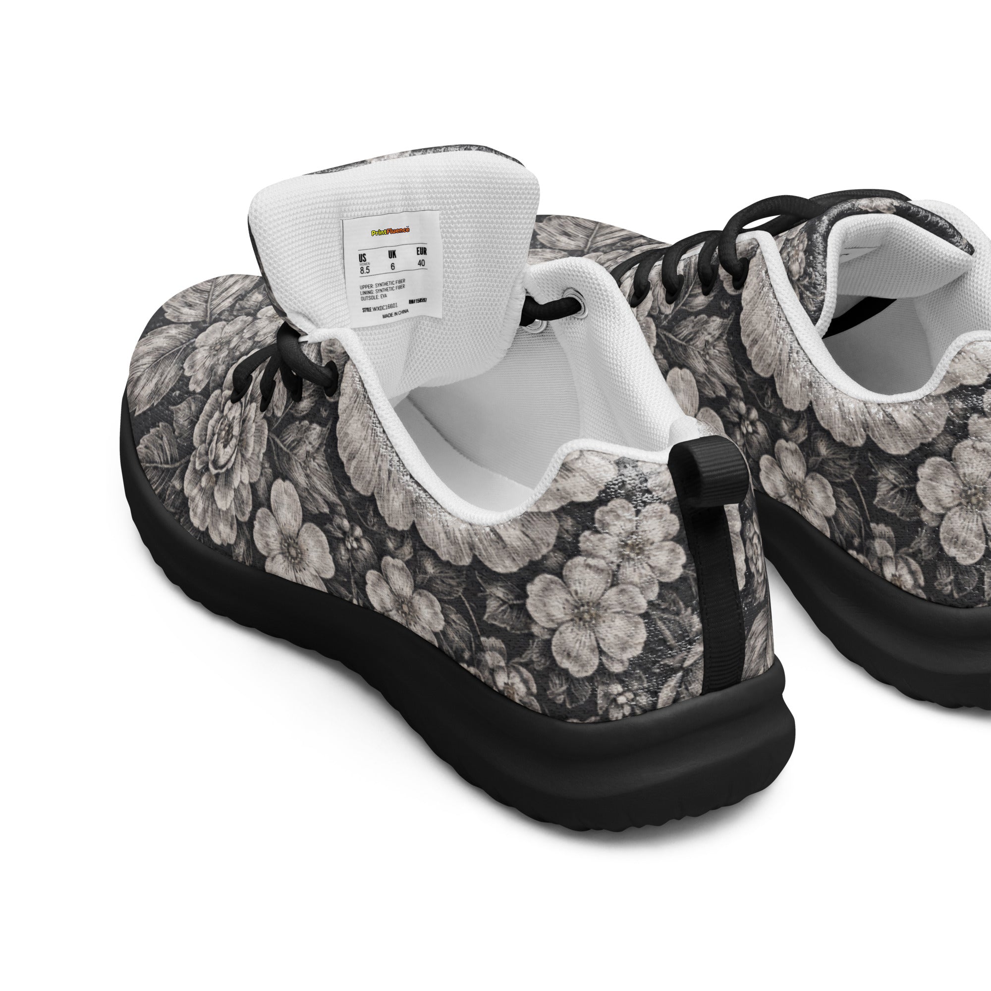 Men’s athletic shoes - Noir Floral Athletic Shoes – Men's Grayscale Rose Print Sneakers by printfluence.net