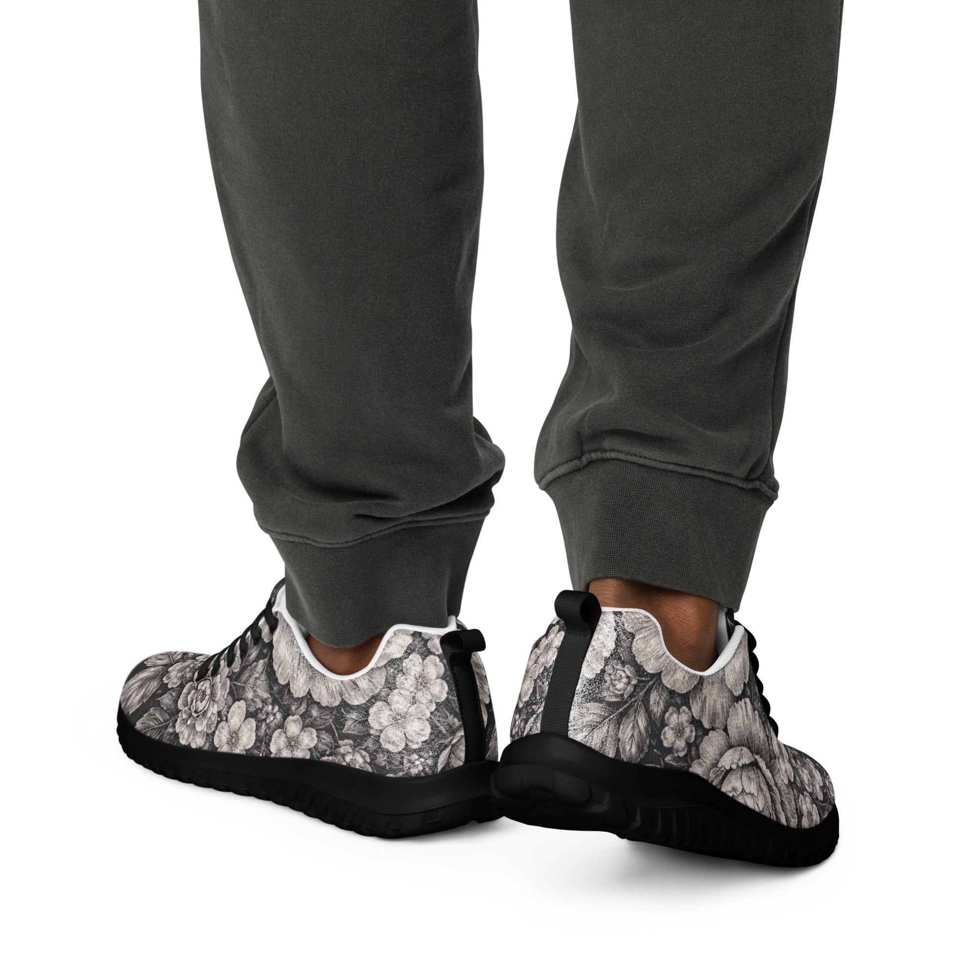 Men’s athletic shoes - Noir Floral Athletic Shoes – Men's Grayscale Rose Print Sneakers by printfluence.net