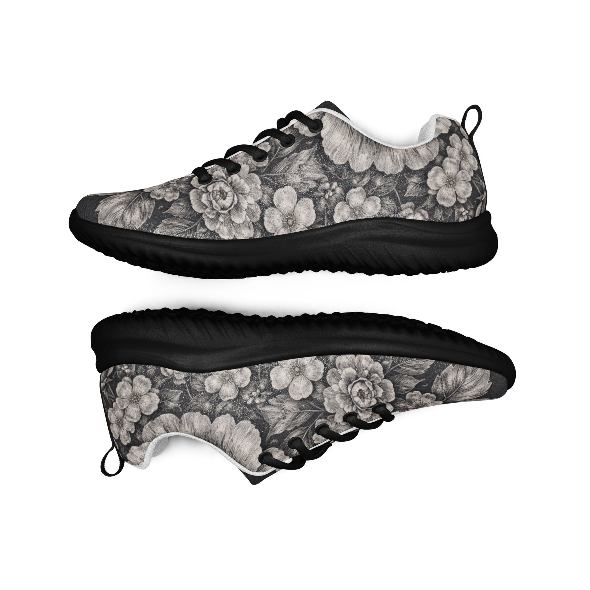 Men’s athletic shoes - Noir Floral Athletic Shoes – Men's Grayscale Rose Print Sneakers by printfluence.net