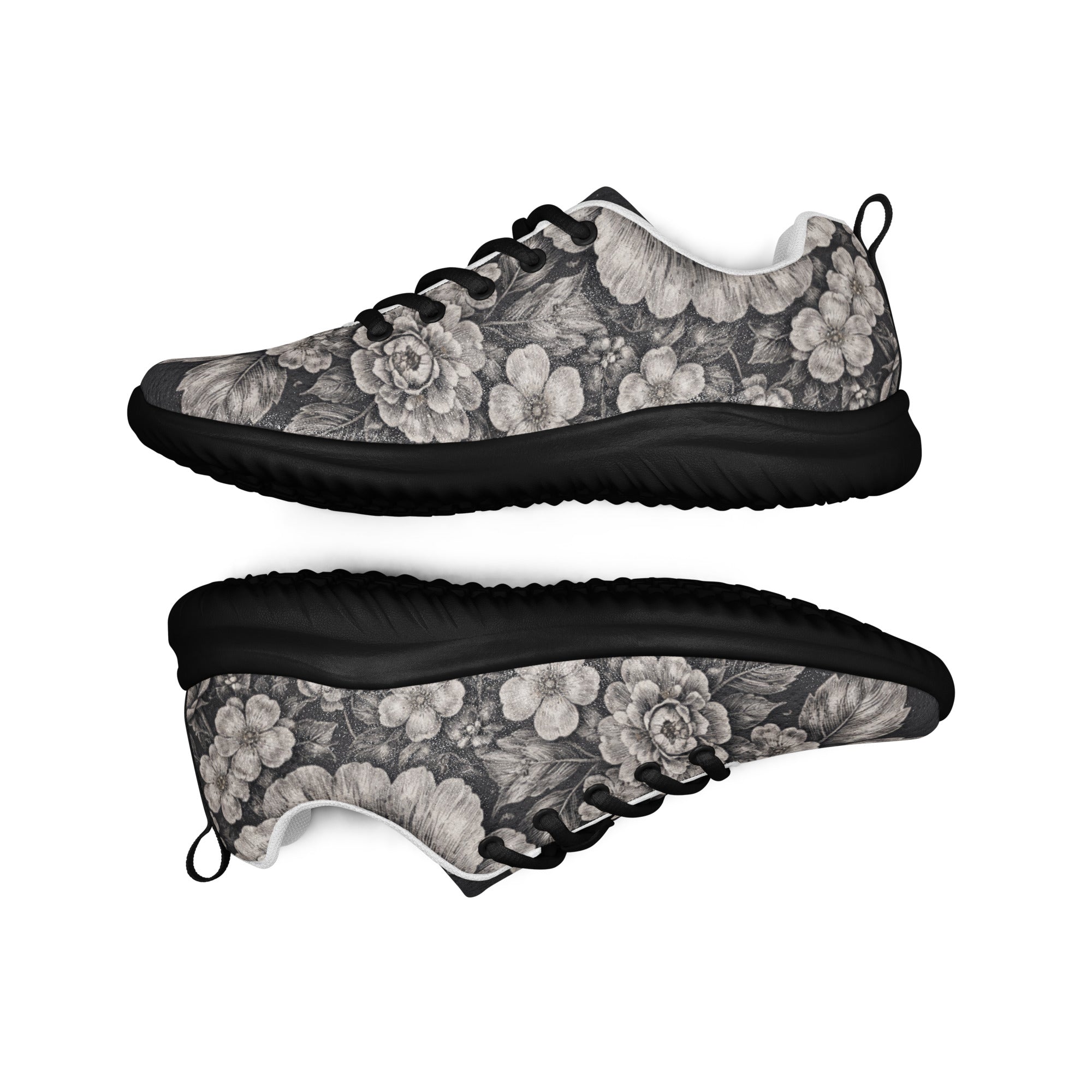 Men’s athletic shoes - Noir Floral Athletic Shoes – Men's Grayscale Rose Print Sneakers by printfluence.net