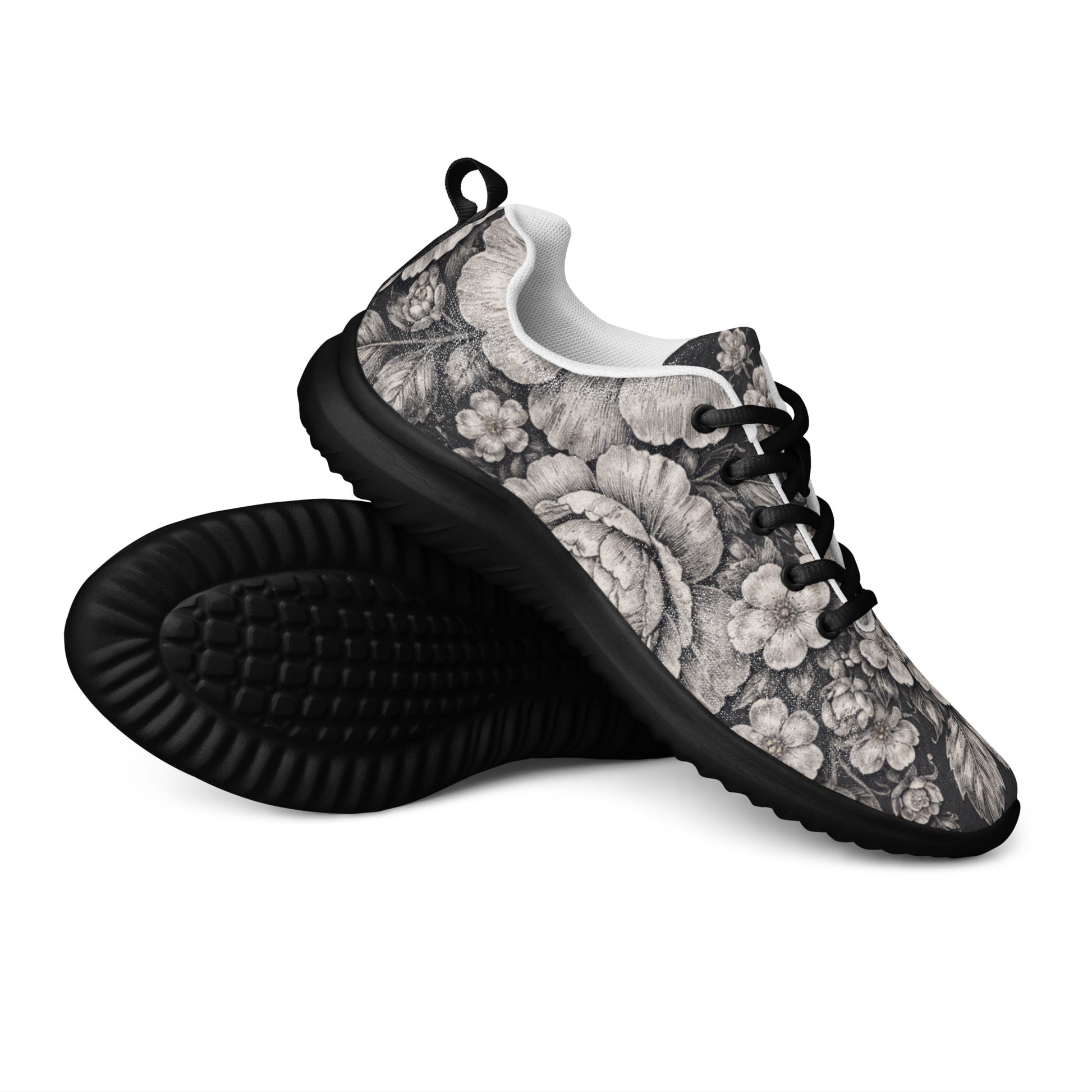 Men’s athletic shoes - Noir Floral Athletic Shoes – Men's Grayscale Rose Print Sneakers by printfluence.net