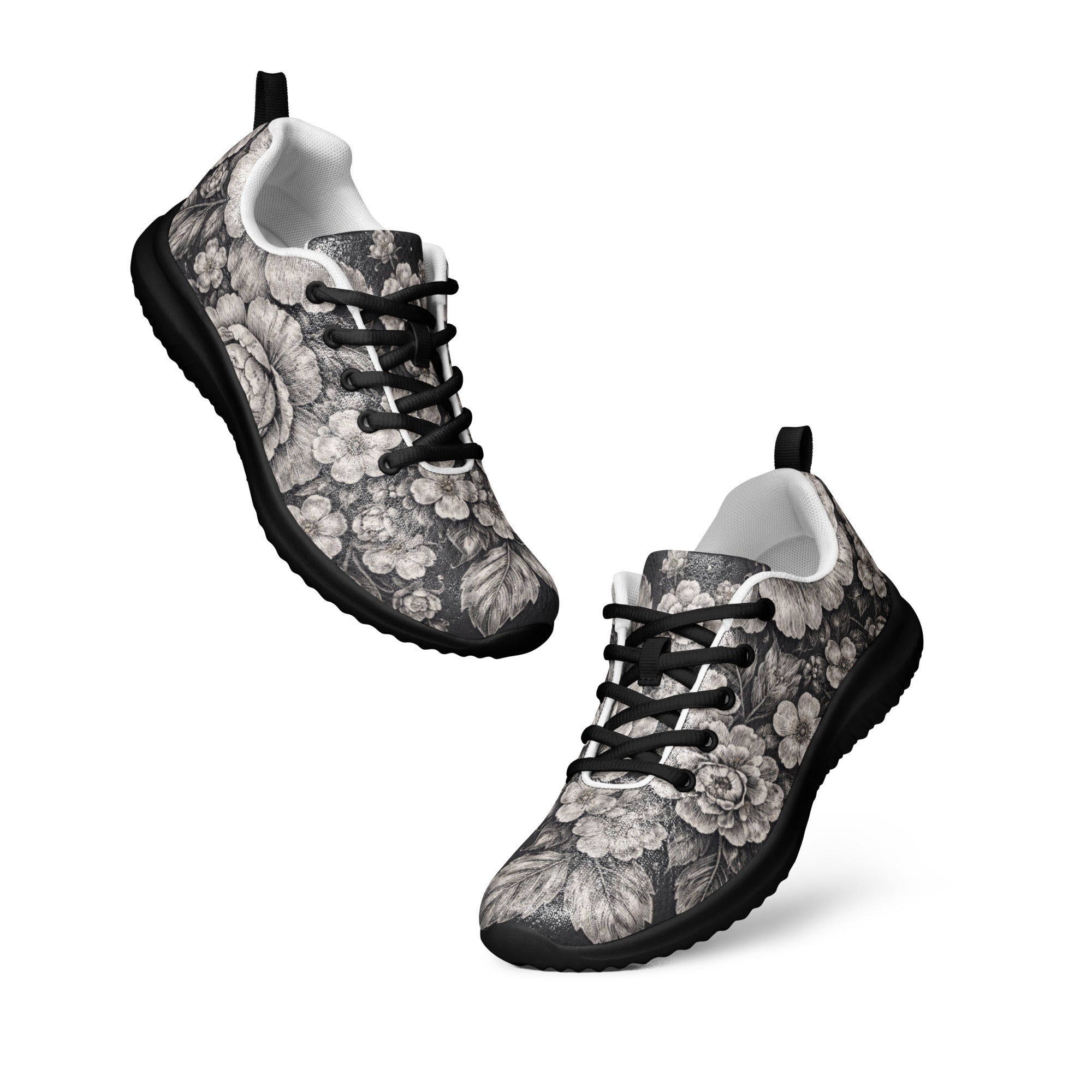 Men’s athletic shoes - Noir Floral Athletic Shoes – Men's Grayscale Rose Print Sneakers by printfluence.net