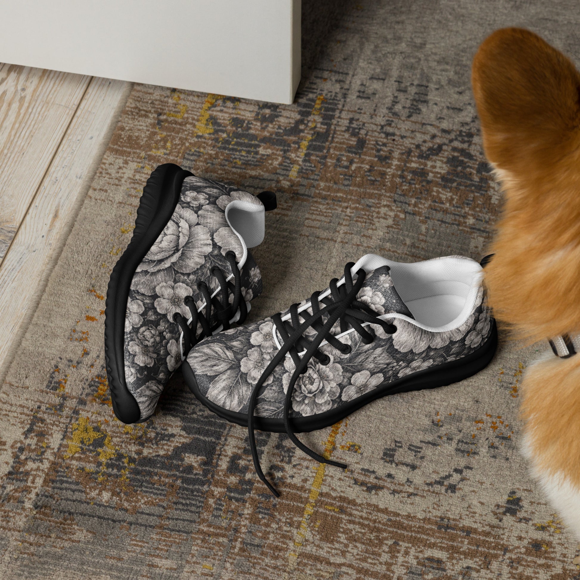 Men’s athletic shoes - Noir Floral Athletic Shoes – Men's Grayscale Rose Print Sneakers by printfluence.net