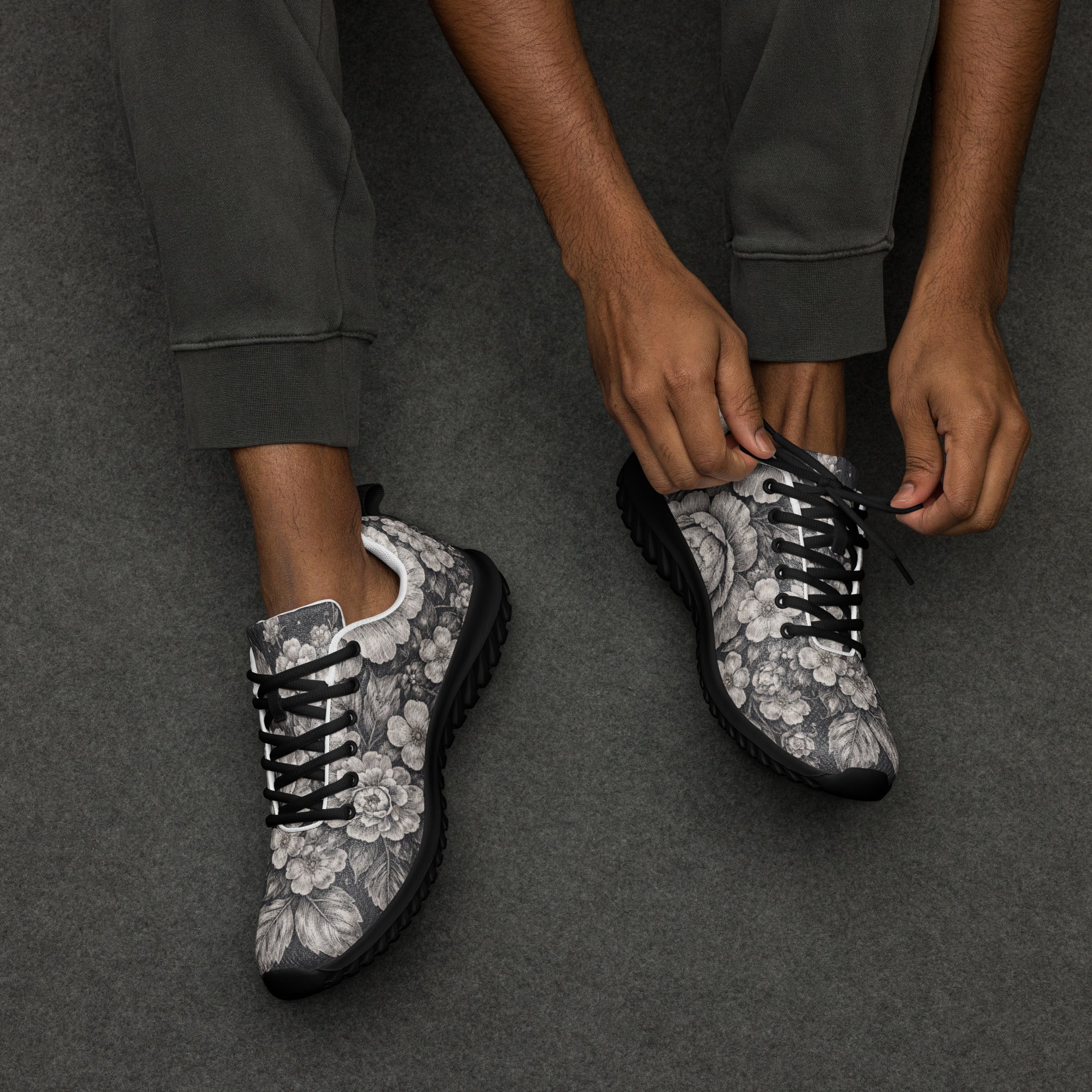 Men’s athletic shoes - Noir Floral Athletic Shoes – Men's Grayscale Rose Print Sneakers by printfluence.net
