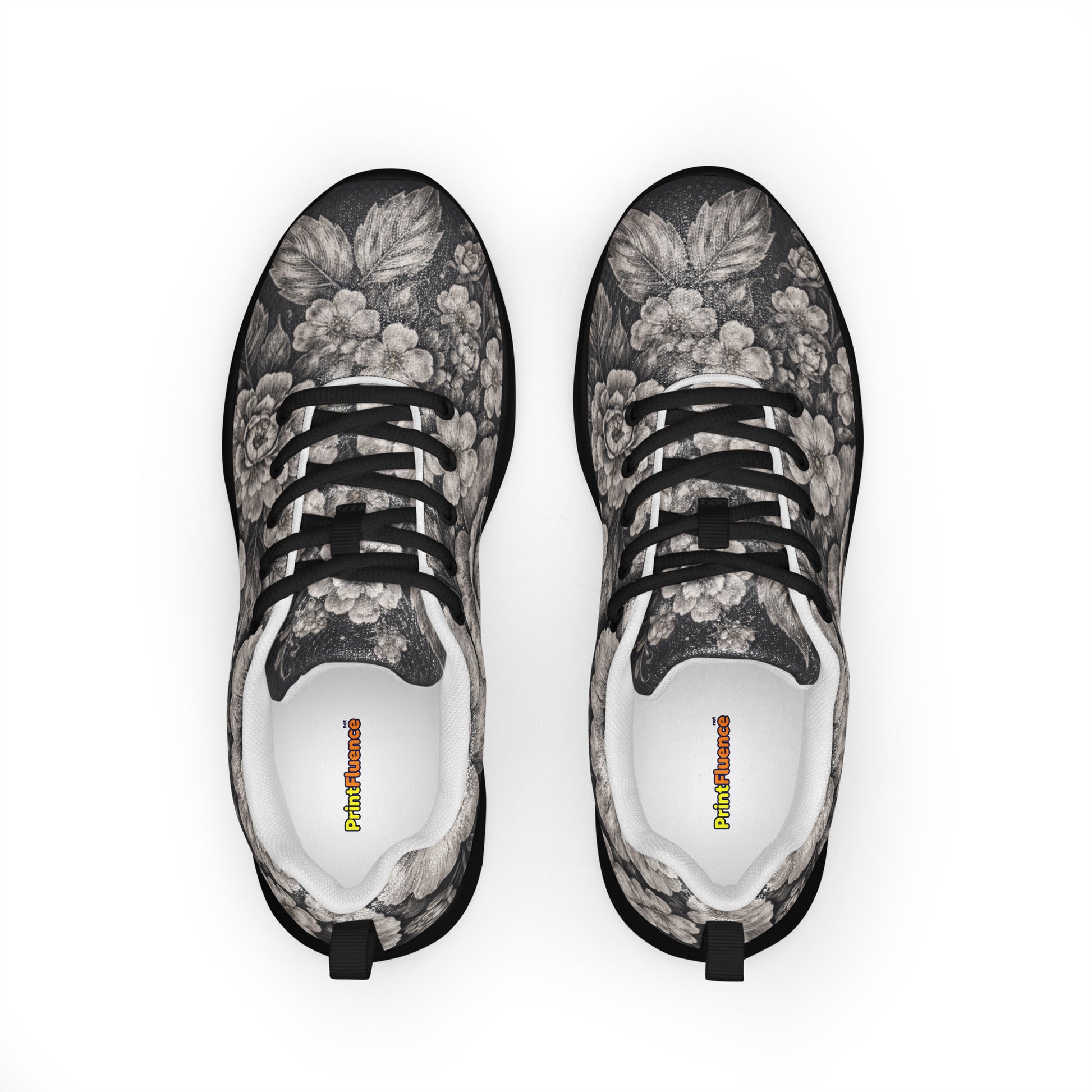 Men’s athletic shoes - Noir Floral Athletic Shoes – Men's Grayscale Rose Print Sneakers by printfluence.net