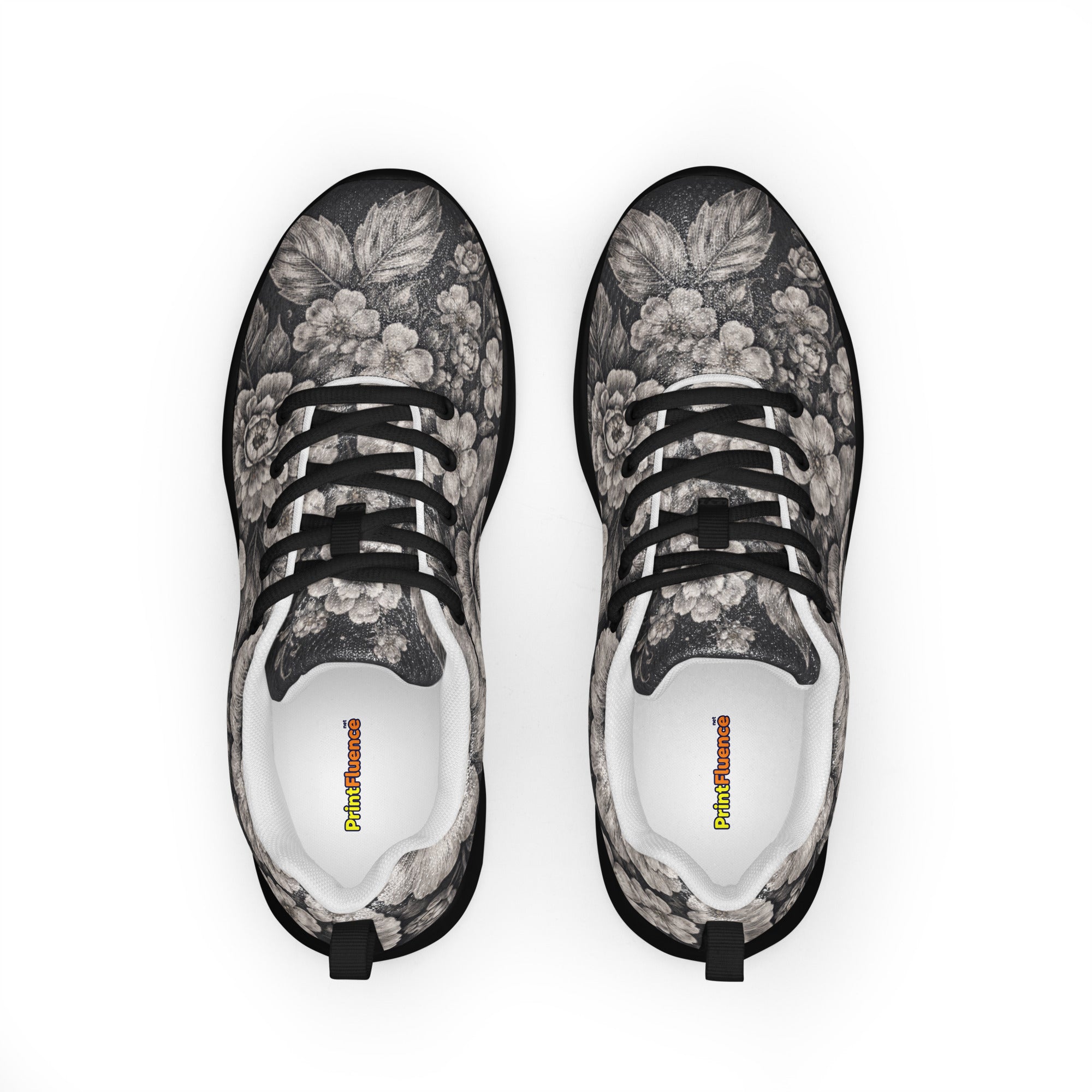 Men’s athletic shoes - Noir Floral Athletic Shoes – Men's Grayscale Rose Print Sneakers by printfluence.net